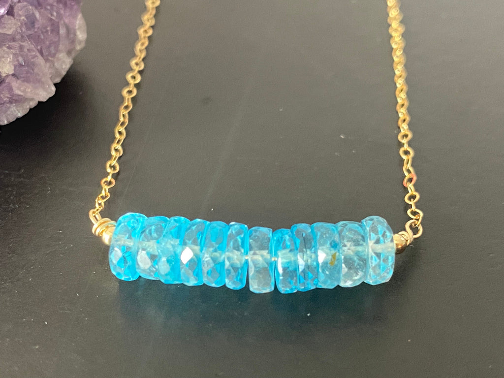 Rare Blue London Topaz Bar Necklace, natural faceted gemstone Necklace, November Birth Stone Necklace, gemstone bar necklace, birthday Gift