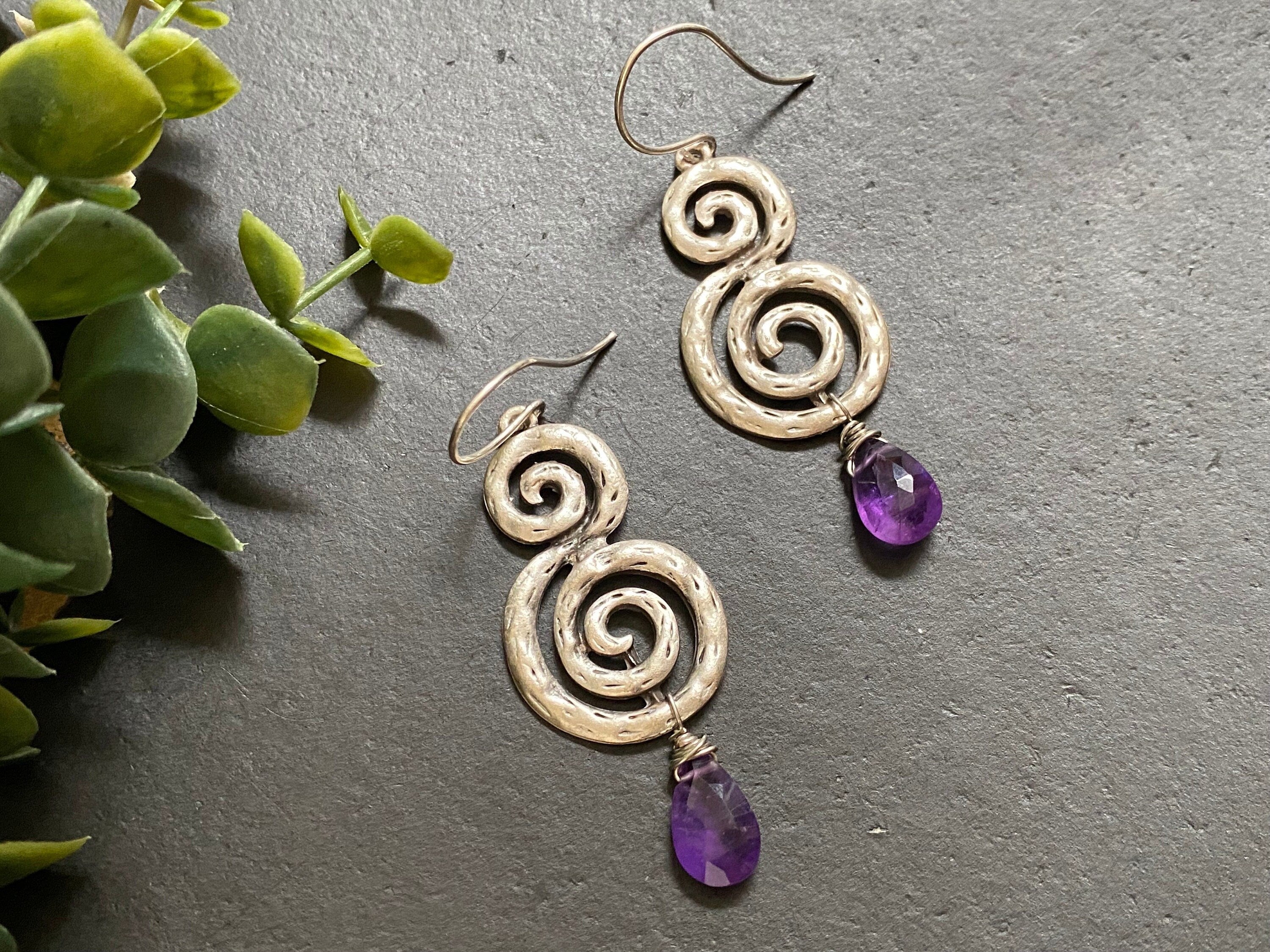Amethyst earrings/ Statement earrings/ Boho earrings / long earrings / antique silver plated metal / decorative dangles / gifts for her