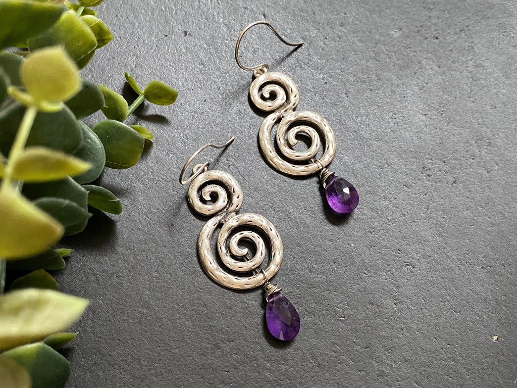 Amethyst earrings/ Statement earrings/ Boho earrings / long earrings / antique silver plated metal / decorative dangles / gifts for her