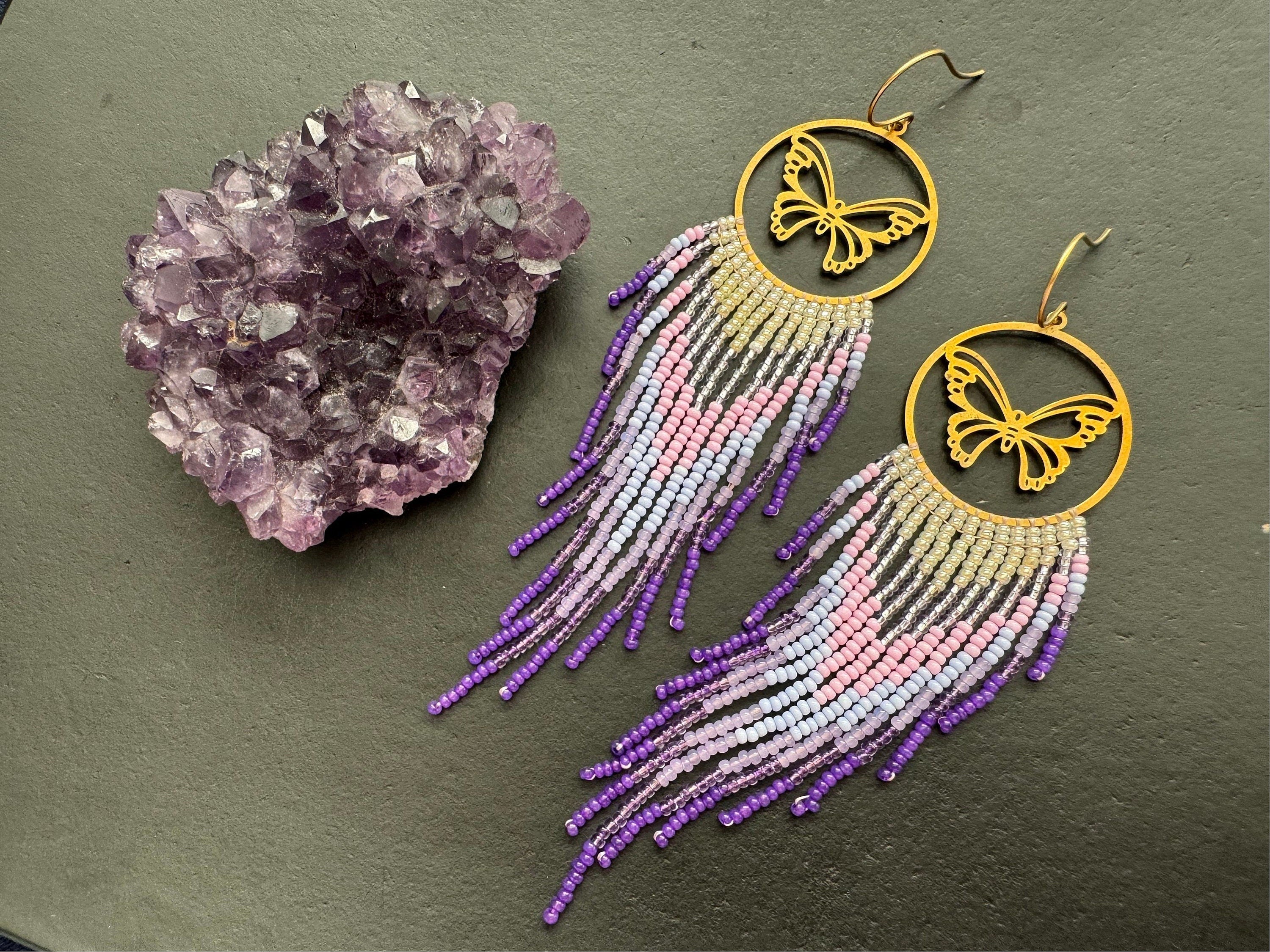 Long Ombré purple color earrings, Butterfly earrings, fringe earrings, long earrings, seed bead earrings, statement earrings, gifts for her