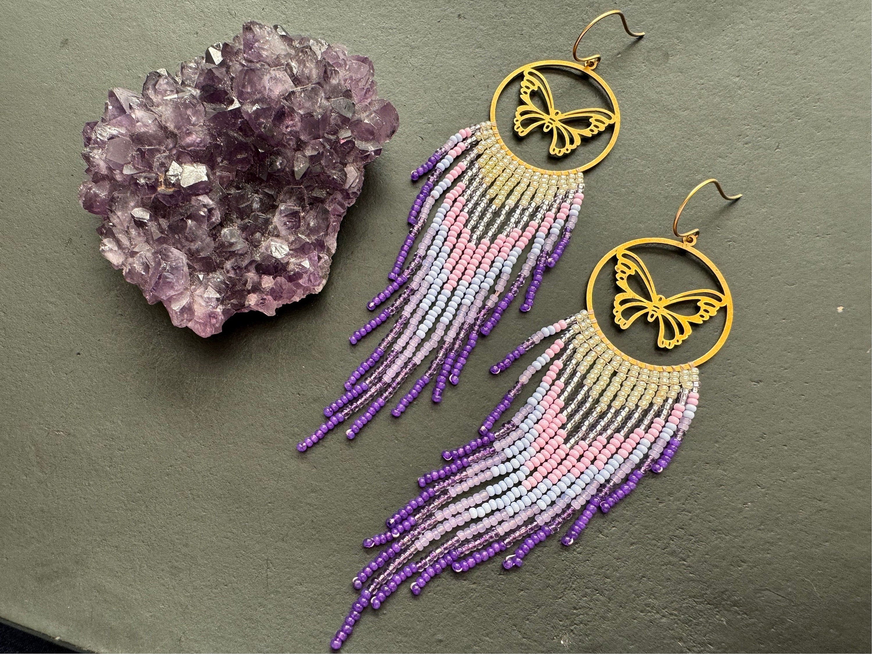 Long Ombré purple color earrings, Butterfly earrings, fringe earrings, long earrings, seed bead earrings, statement earrings, gifts for her