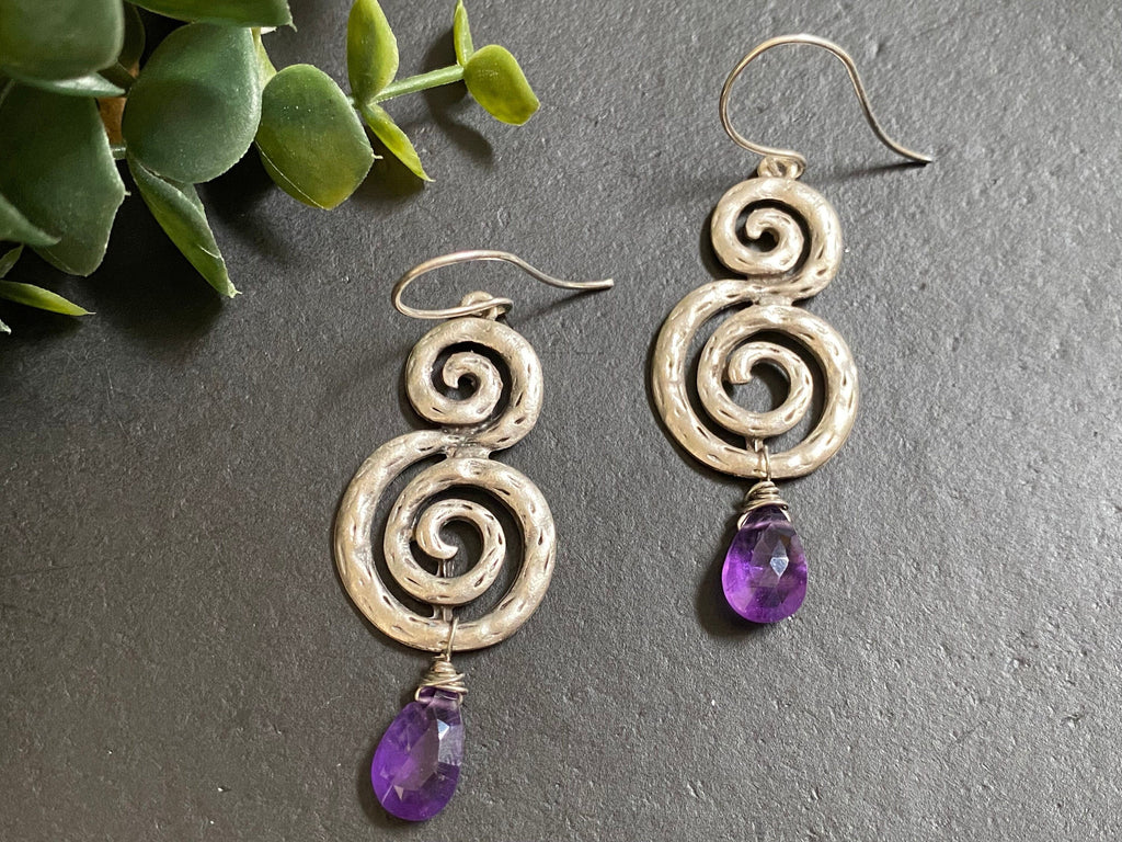 Amethyst earrings/ Statement earrings/ Boho earrings / long earrings / antique silver plated metal / decorative dangles / gifts for her