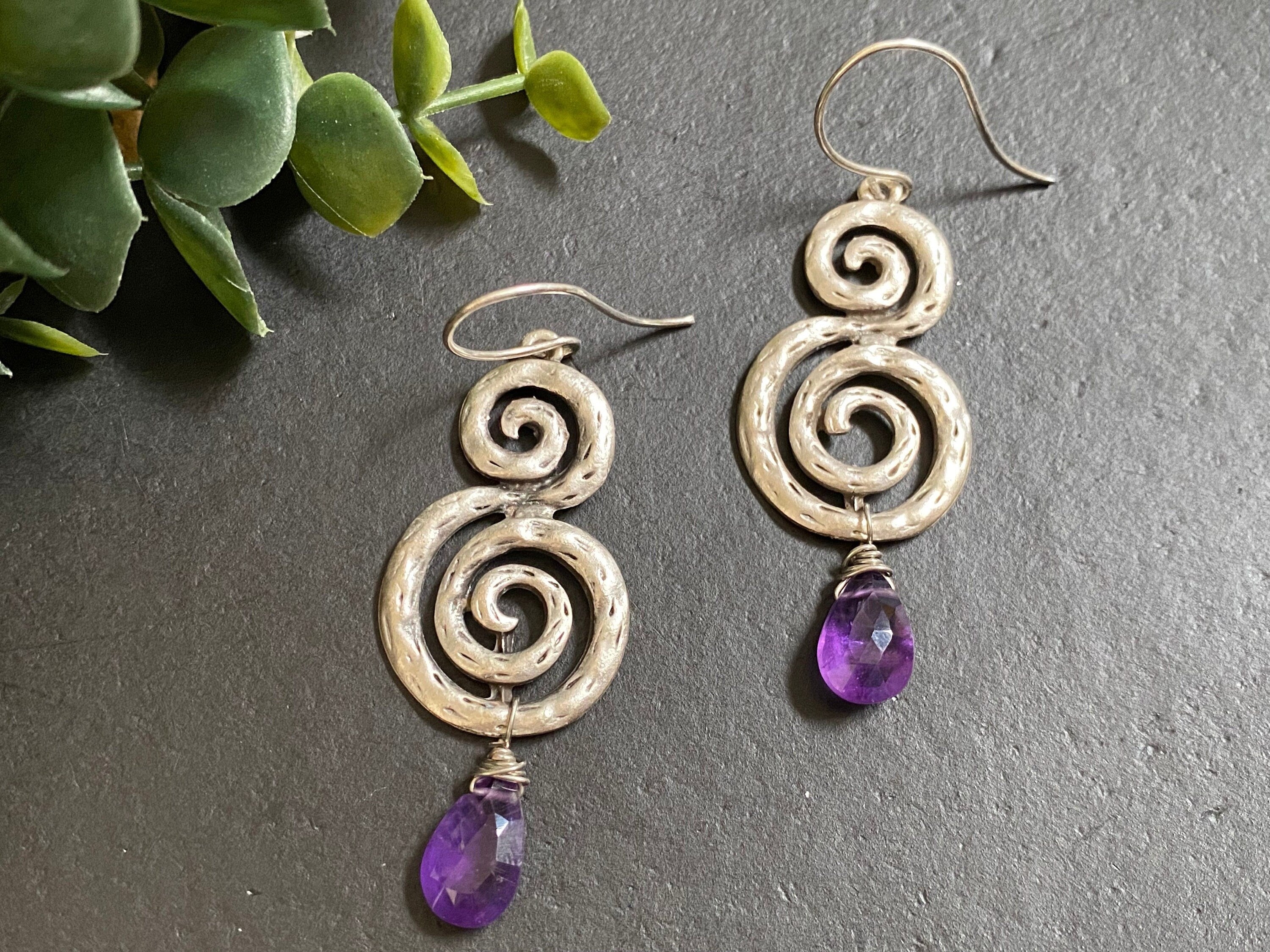 Amethyst earrings/ Statement earrings/ Boho earrings / long earrings / antique silver plated metal / decorative dangles / gifts for her