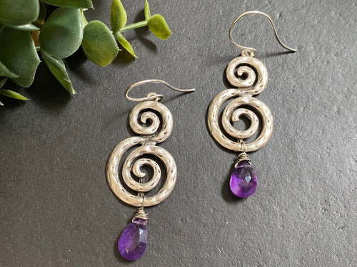 Amethyst earrings/ Statement earrings/ Boho earrings / long earrings / antique silver plated metal / decorative dangles / gifts for her
