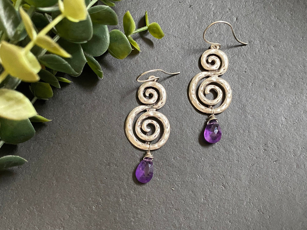 Amethyst earrings/ Statement earrings/ Boho earrings / long earrings / antique silver plated metal / decorative dangles / gifts for her