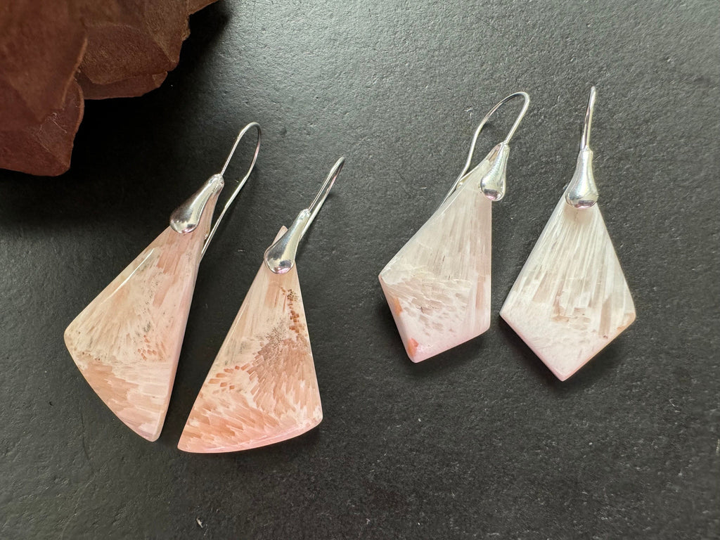 Scolecite earrings, sterling silver ear wires,natural stone jewelry, healing stone, salmon pink color earrings, gifts for women