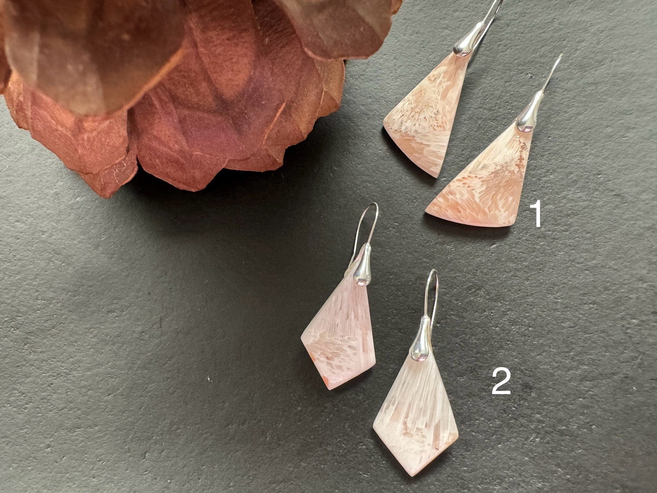 Scolecite earrings, sterling silver ear wires,natural stone jewelry, healing stone, salmon pink color earrings, gifts for women