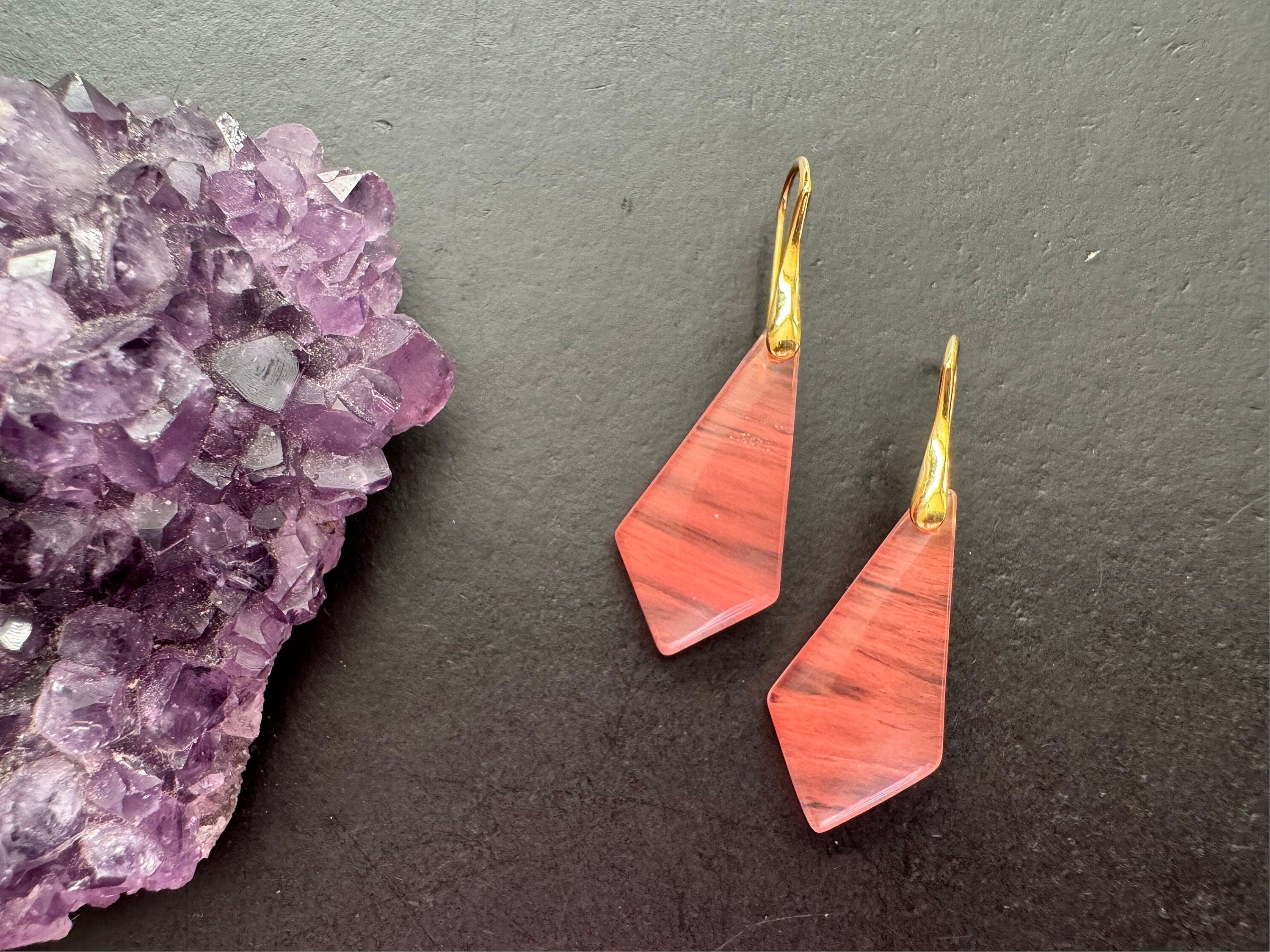 Cherry quartz earrings / gold plated 925 sterling silver ear wires/ natural stone jewelry / gifts for women/ conical shape