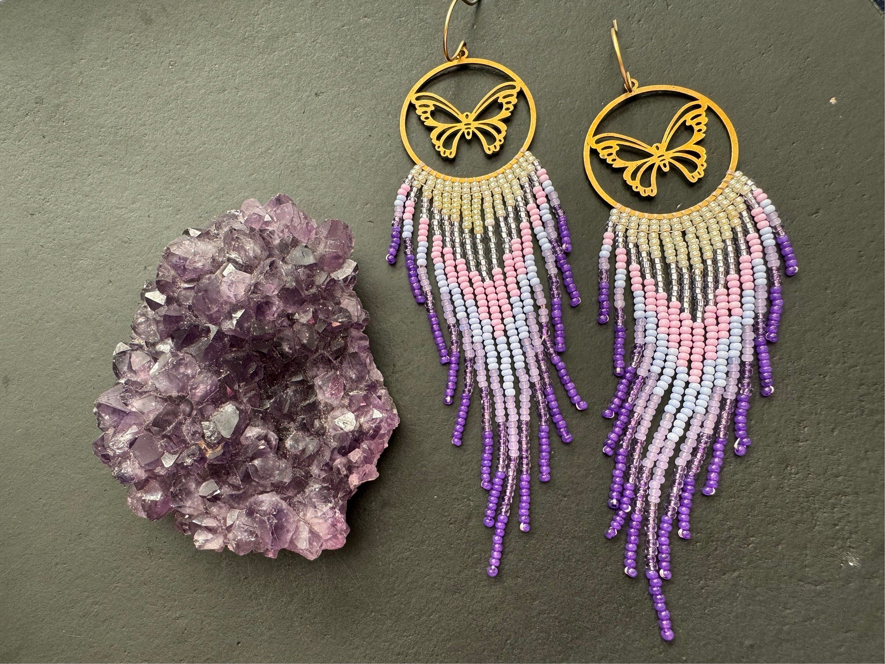 Long Ombré purple color earrings, Butterfly earrings, fringe earrings, long earrings, seed bead earrings, statement earrings, gifts for her