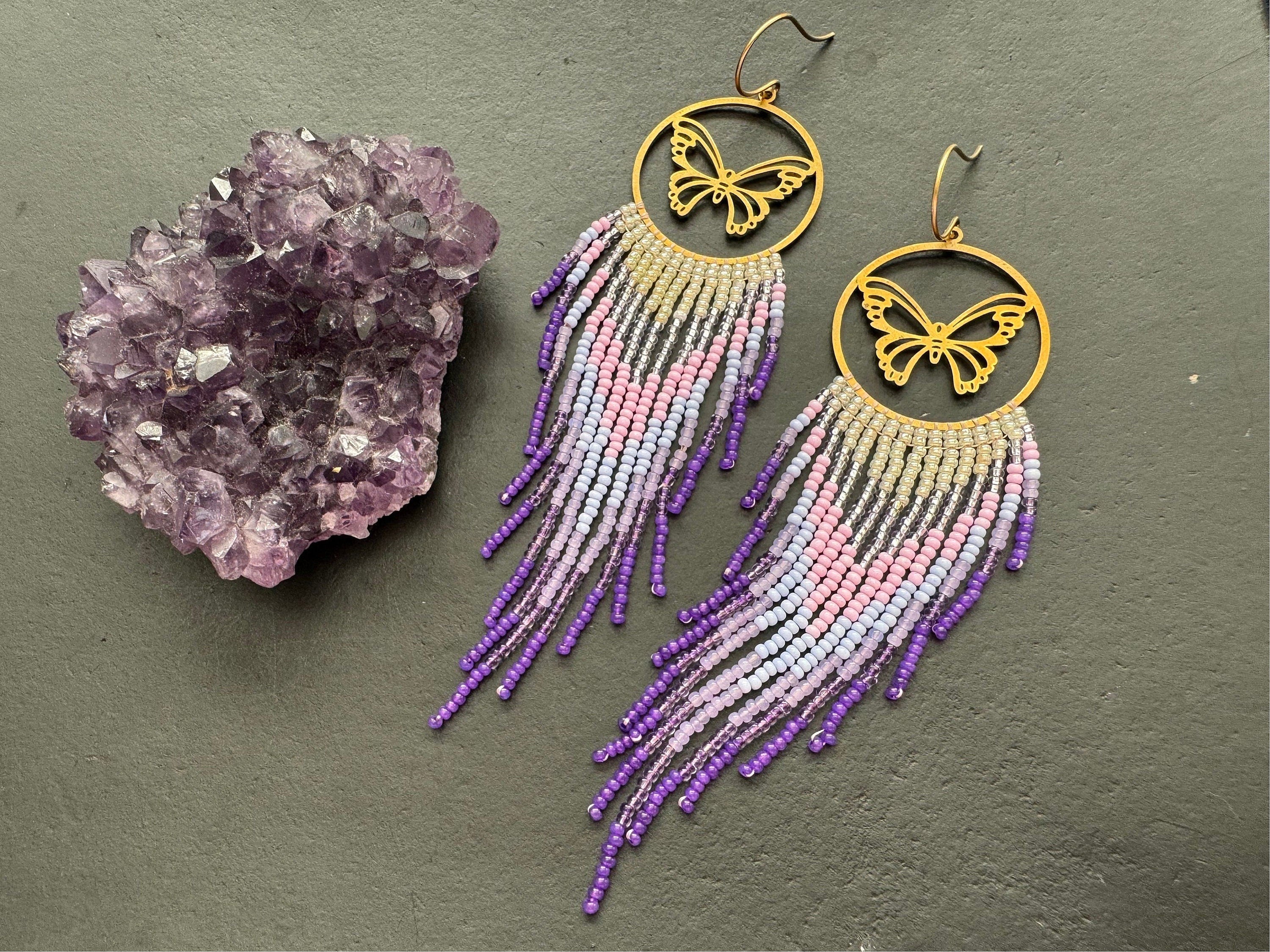 Long Ombré purple color earrings, Butterfly earrings, fringe earrings, long earrings, seed bead earrings, statement earrings, gifts for her