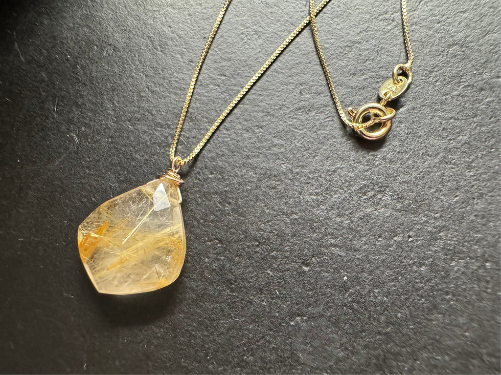 Golden rutilated quartz pendant , gifts for her, layering necklace, 14k gold chain, anti tarnish chain, natural stone pendant