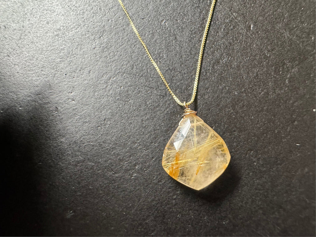Golden rutilated quartz pendant , gifts for her, layering necklace, 14k gold chain, anti tarnish chain, natural stone pendant
