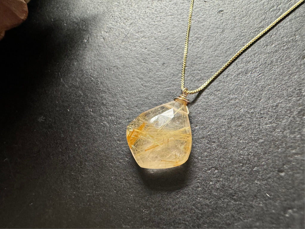 Golden rutilated quartz pendant , gifts for her, layering necklace, 14k gold chain, anti tarnish chain, natural stone pendant