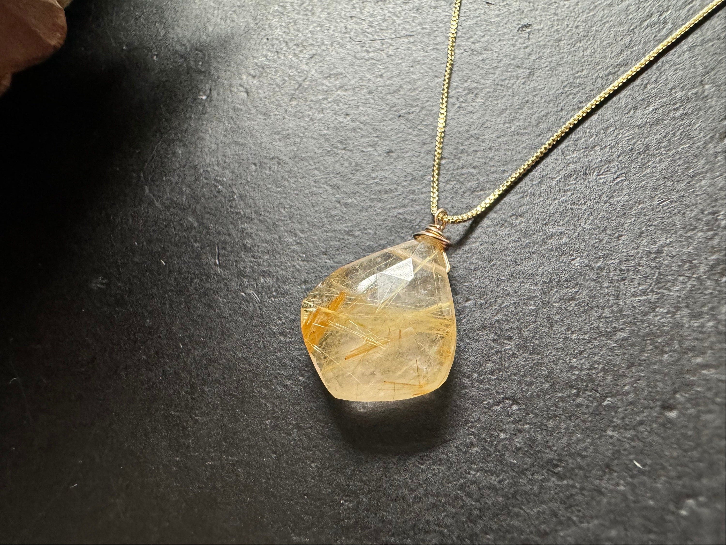 Golden rutilated quartz pendant , gifts for her, layering necklace, 14k gold chain, anti tarnish chain, natural stone pendant