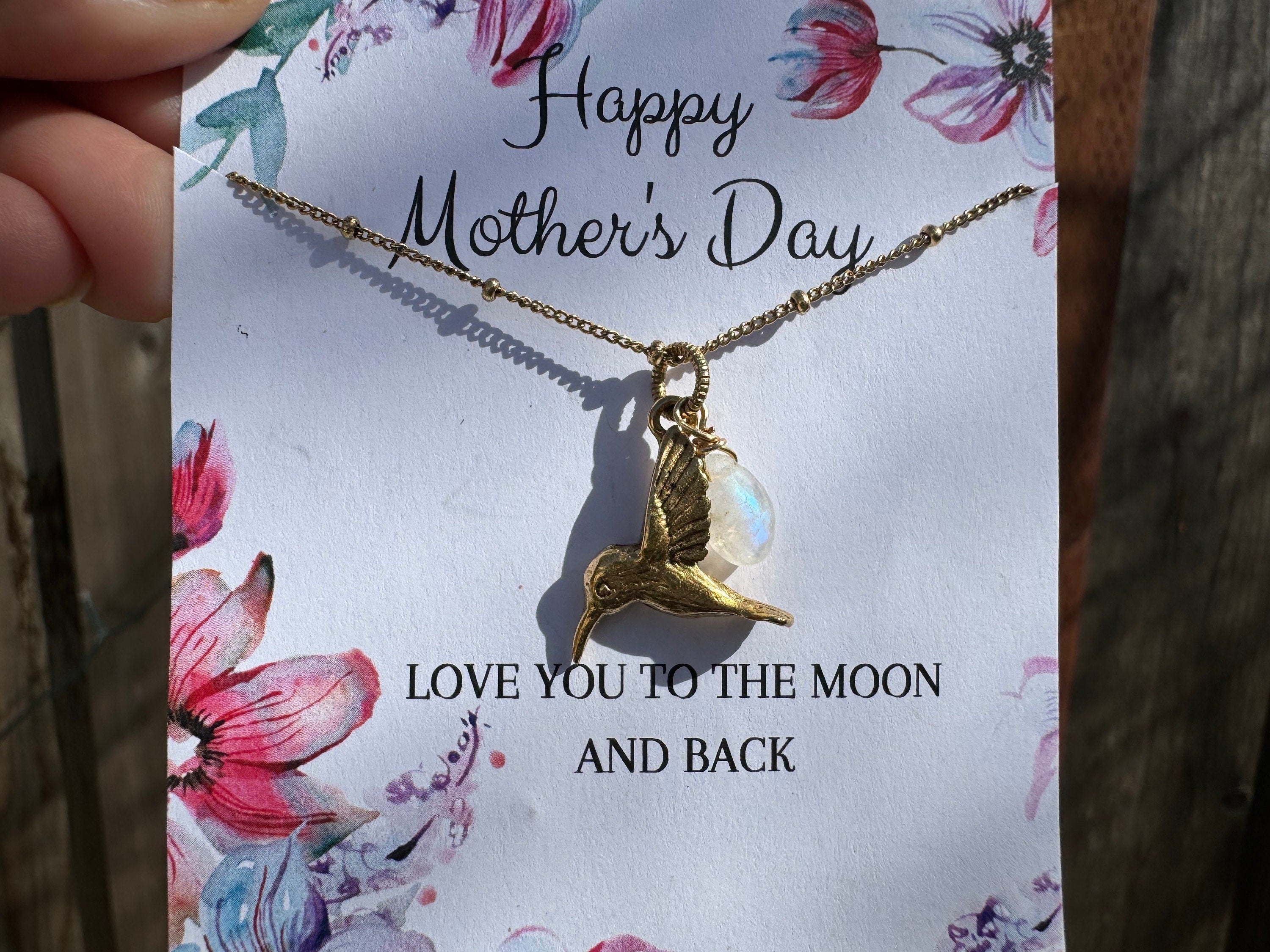 Mothers day jewelry, Antique gold hummingbird pendant, moonstone charm necklace, love and peace necklace, boho necklace, gifts for her