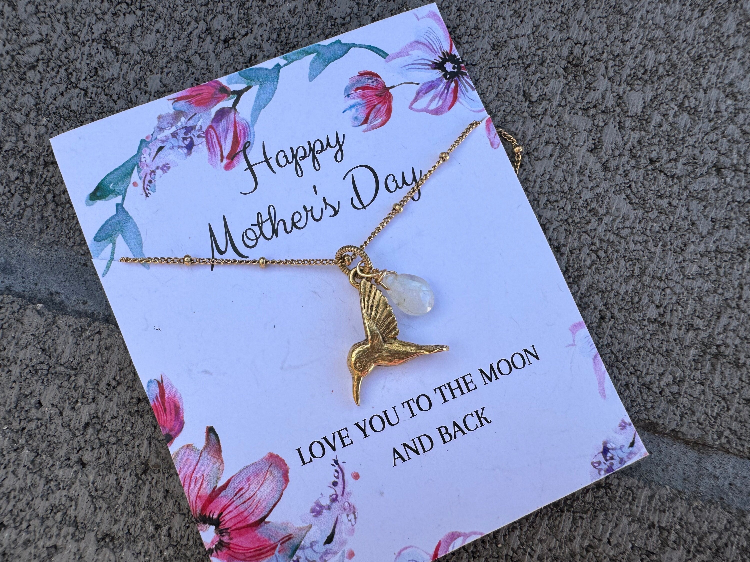 Mothers day jewelry, Antique gold hummingbird pendant, moonstone charm necklace, love and peace necklace, boho necklace, gifts for her