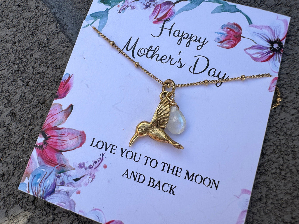Mothers day jewelry, Antique gold hummingbird pendant, moonstone charm necklace, love and peace necklace, boho necklace, gifts for her