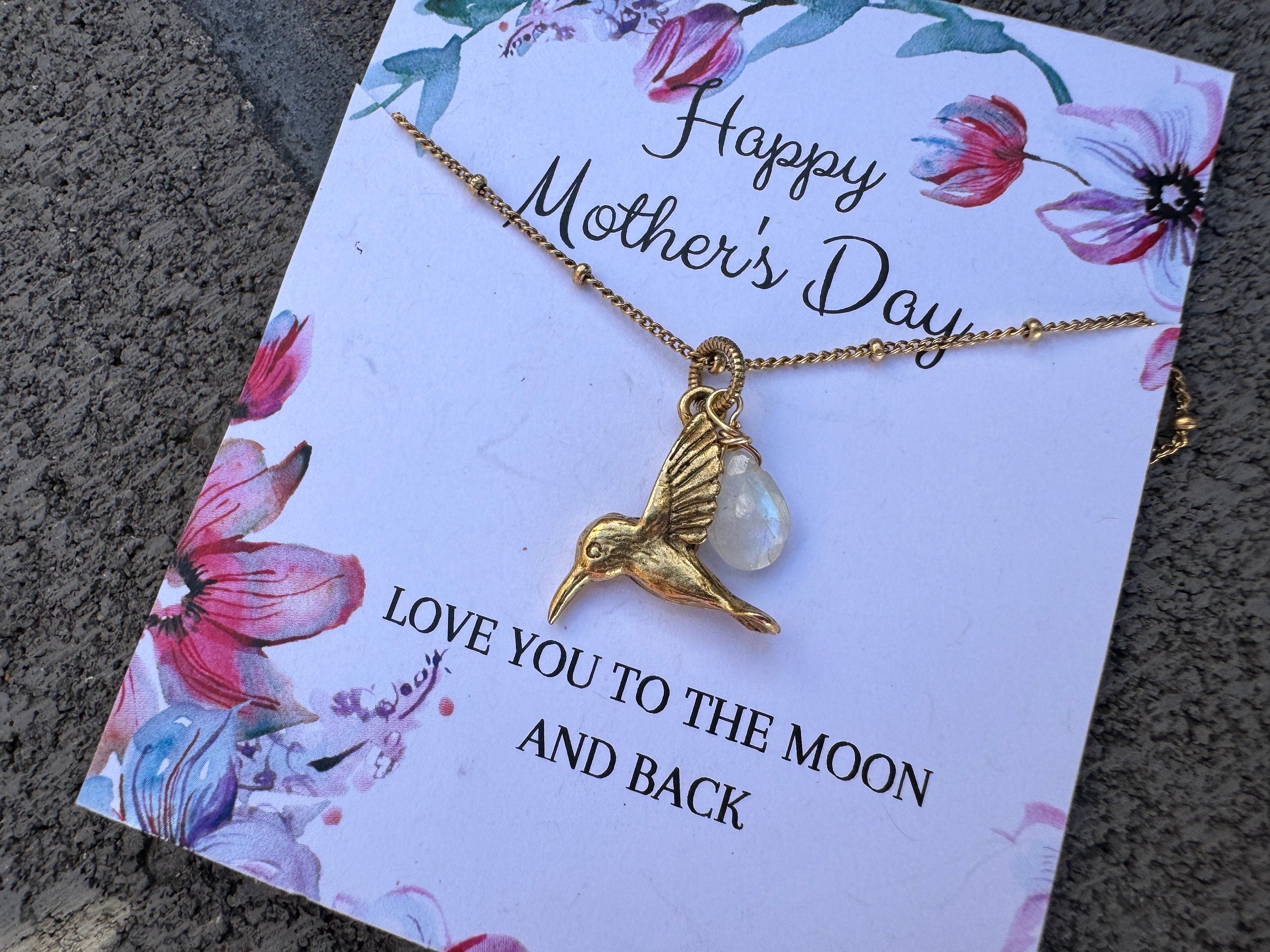 Mothers day jewelry, Antique gold hummingbird pendant, moonstone charm necklace, love and peace necklace, boho necklace, gifts for her