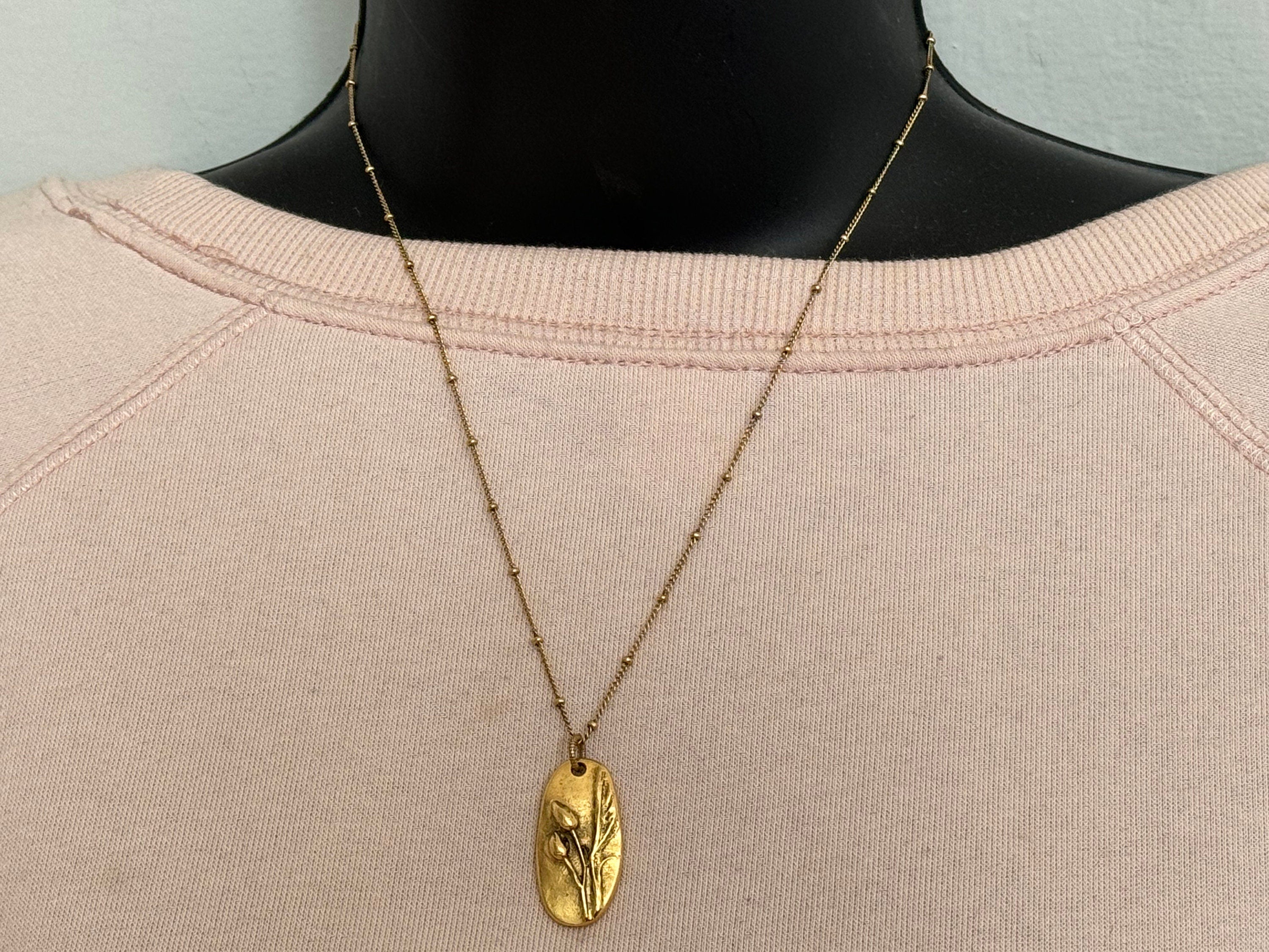 Boho jewelry, Antique gold wildflower pendant, organic oval charm necklace, floral pendant, boho necklace, birthday gift for her