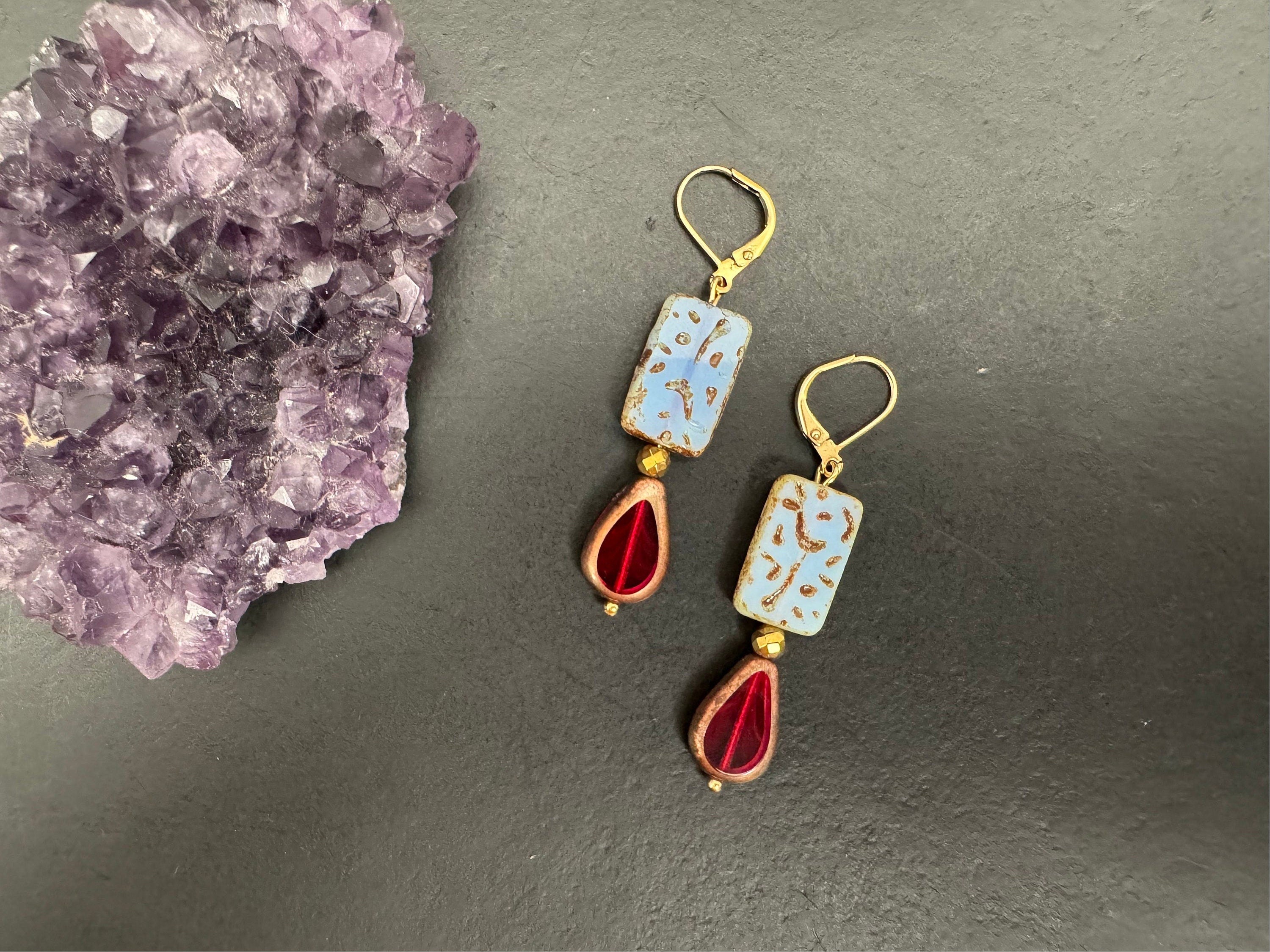 Picasso Czech glass Earrings, Boho Dangle Earrings, Vintage Jewelry, Czech Glass Earrings, Bohemian Hippie Earrings, unique gift for her