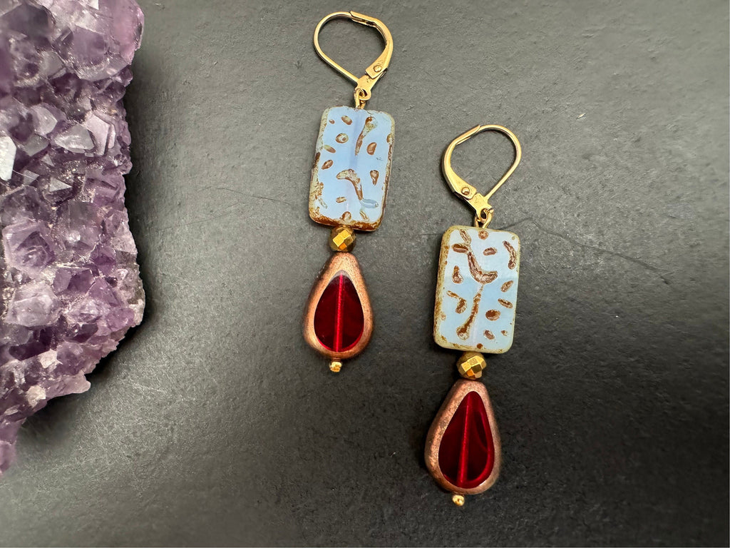 Picasso Czech glass Earrings, Boho Dangle Earrings, Vintage Jewelry, Czech Glass Earrings, Bohemian Hippie Earrings, unique gift for her