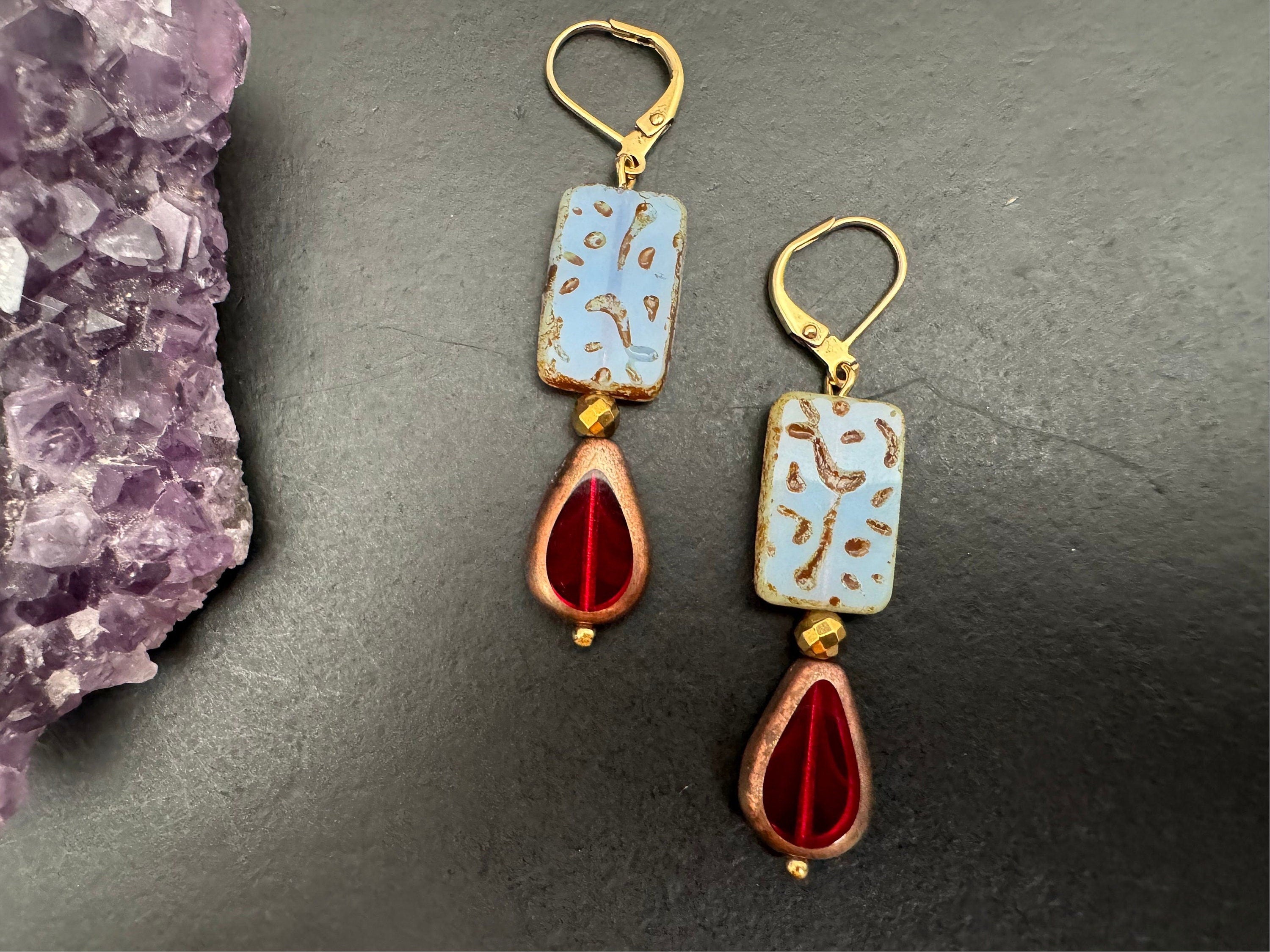 Picasso Czech glass Earrings, Boho Dangle Earrings, Vintage Jewelry, Czech Glass Earrings, Bohemian Hippie Earrings, unique gift for her