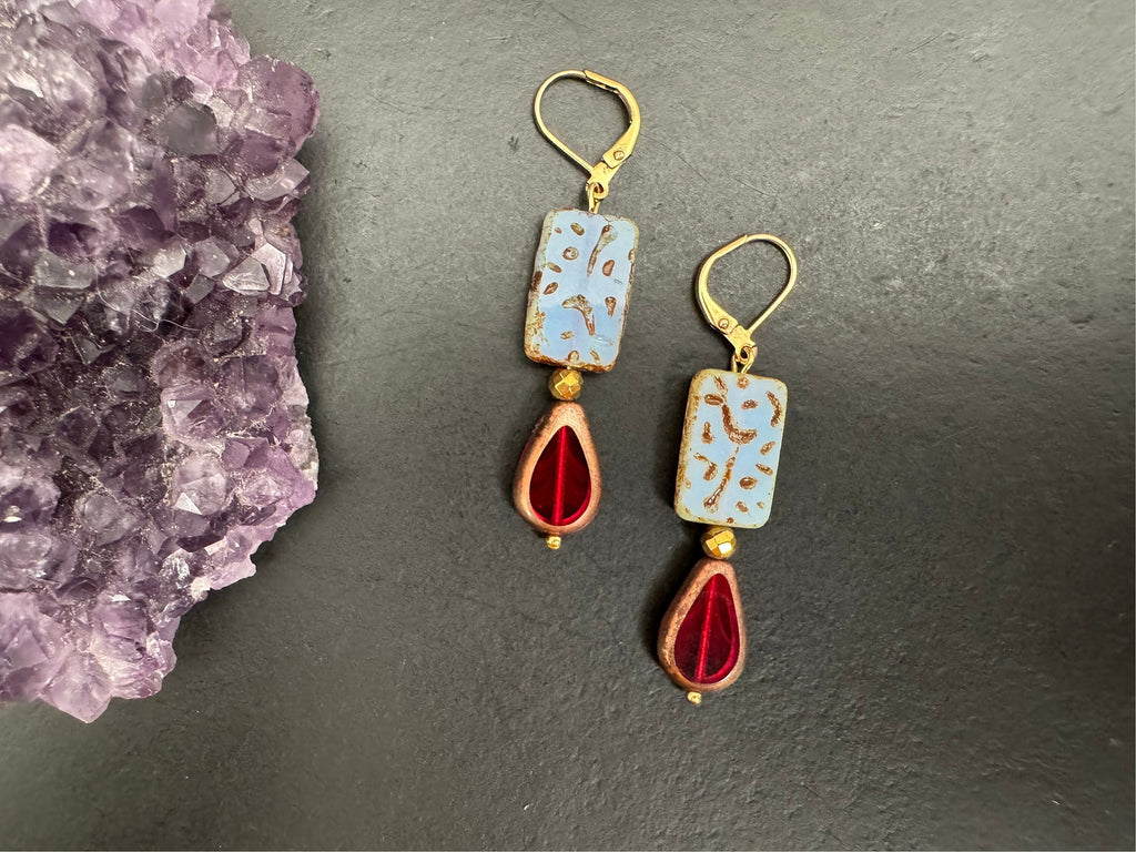 Picasso Czech glass Earrings, Boho Dangle Earrings, Vintage Jewelry, Czech Glass Earrings, Bohemian Hippie Earrings, unique gift for her