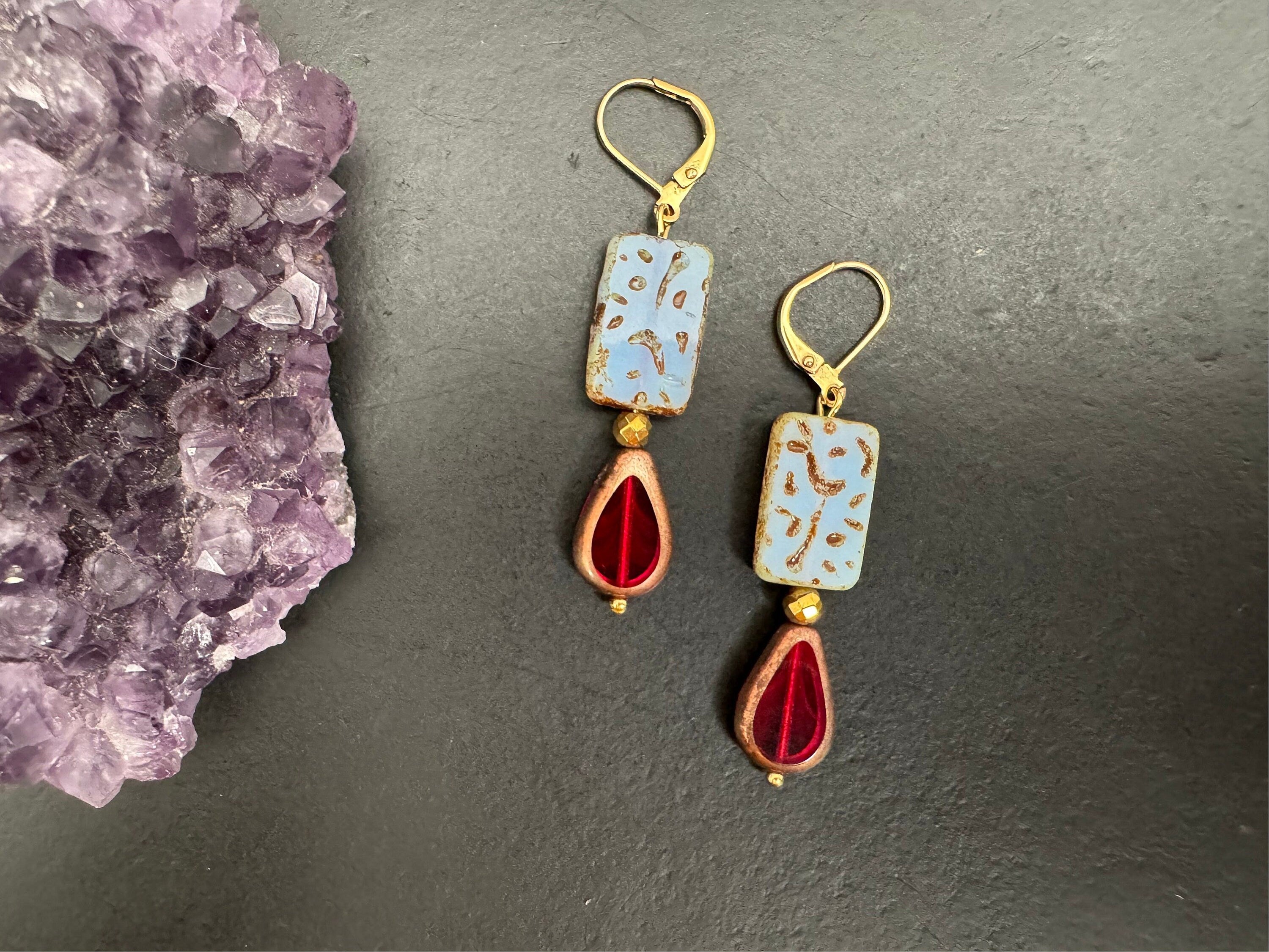 Picasso Czech glass Earrings, Boho Dangle Earrings, Vintage Jewelry, Czech Glass Earrings, Bohemian Hippie Earrings, unique gift for her