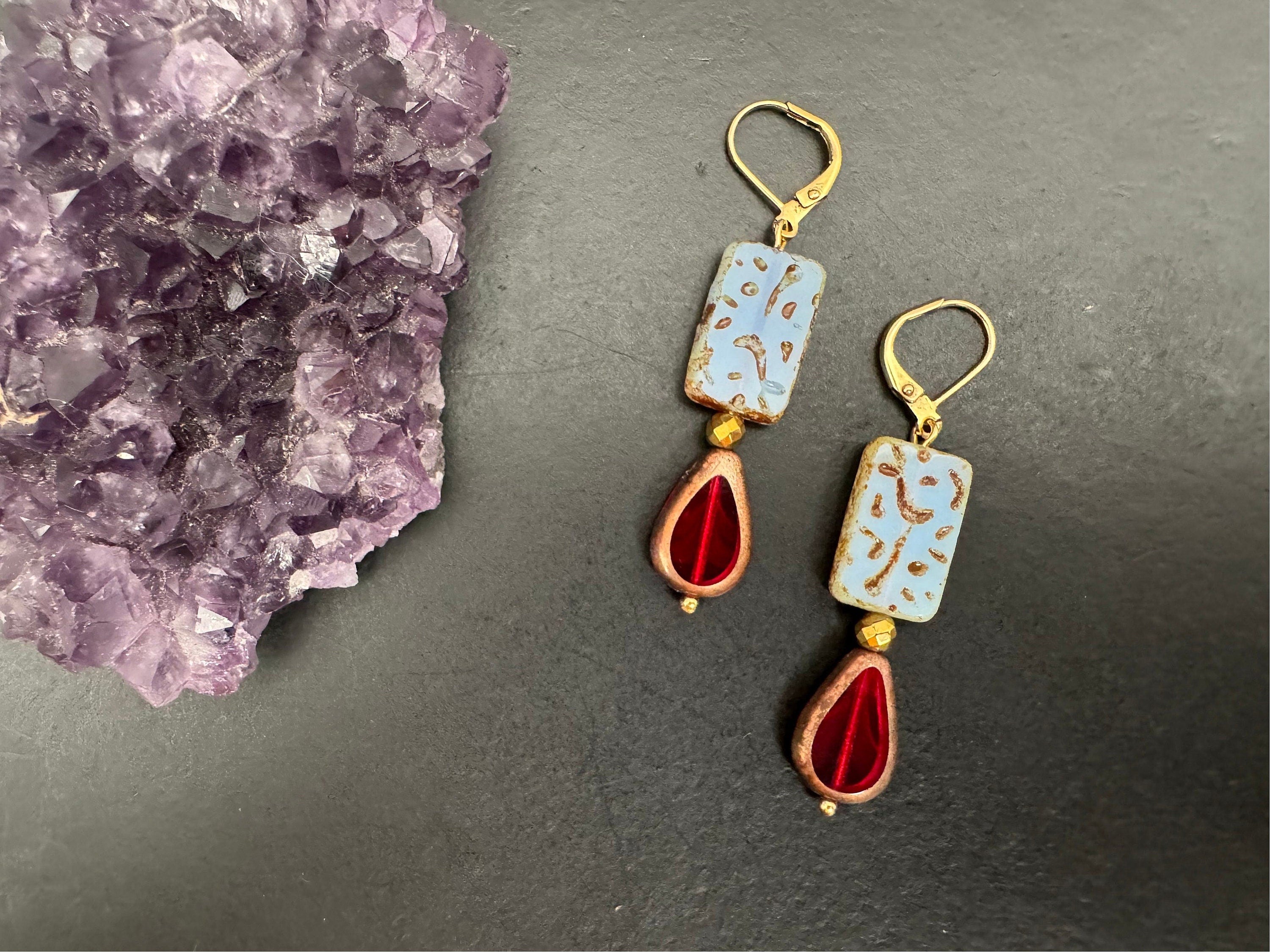 Picasso Czech glass Earrings, Boho Dangle Earrings, Vintage Jewelry, Czech Glass Earrings, Bohemian Hippie Earrings, unique gift for her