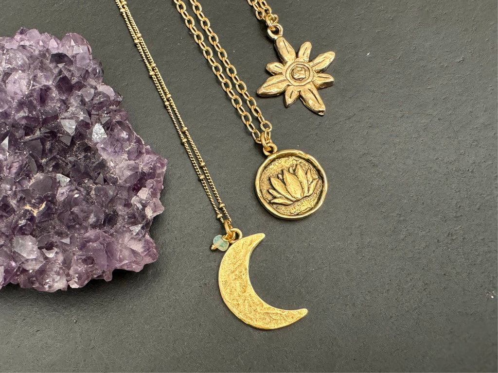 Boho jewelry, Antique gold pendant, celestial necklace, lotus charm necklace, star burst necklace, gifts for her, nickel free