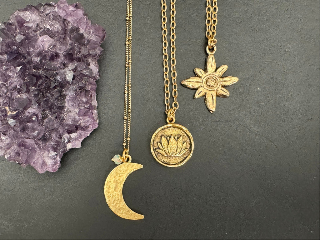 Boho jewelry, Antique gold pendant, celestial necklace, lotus charm necklace, star burst necklace, gifts for her, nickel free