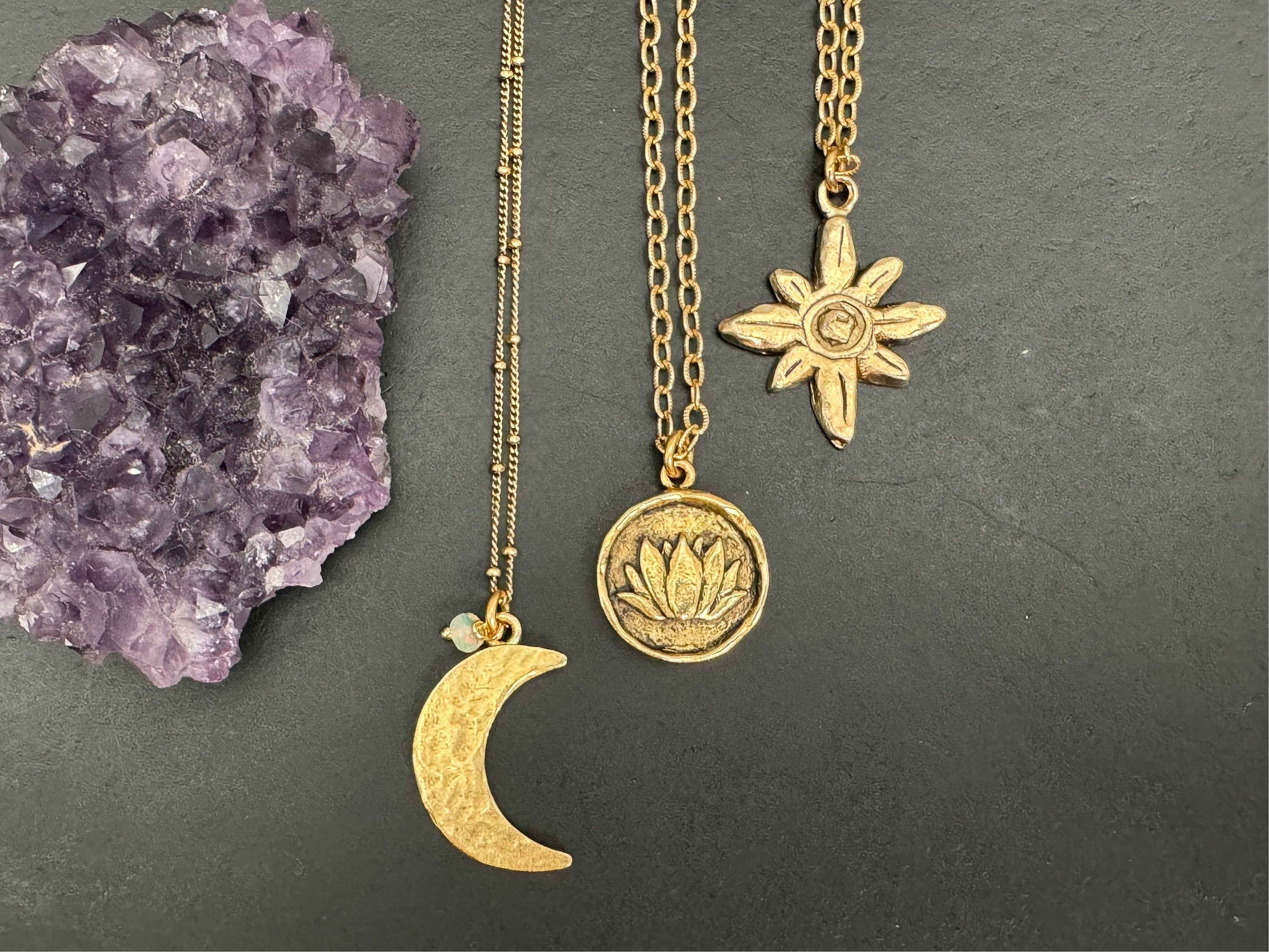 Boho jewelry, Antique gold pendant, celestial necklace, lotus charm necklace, star burst necklace, gifts for her, nickel free