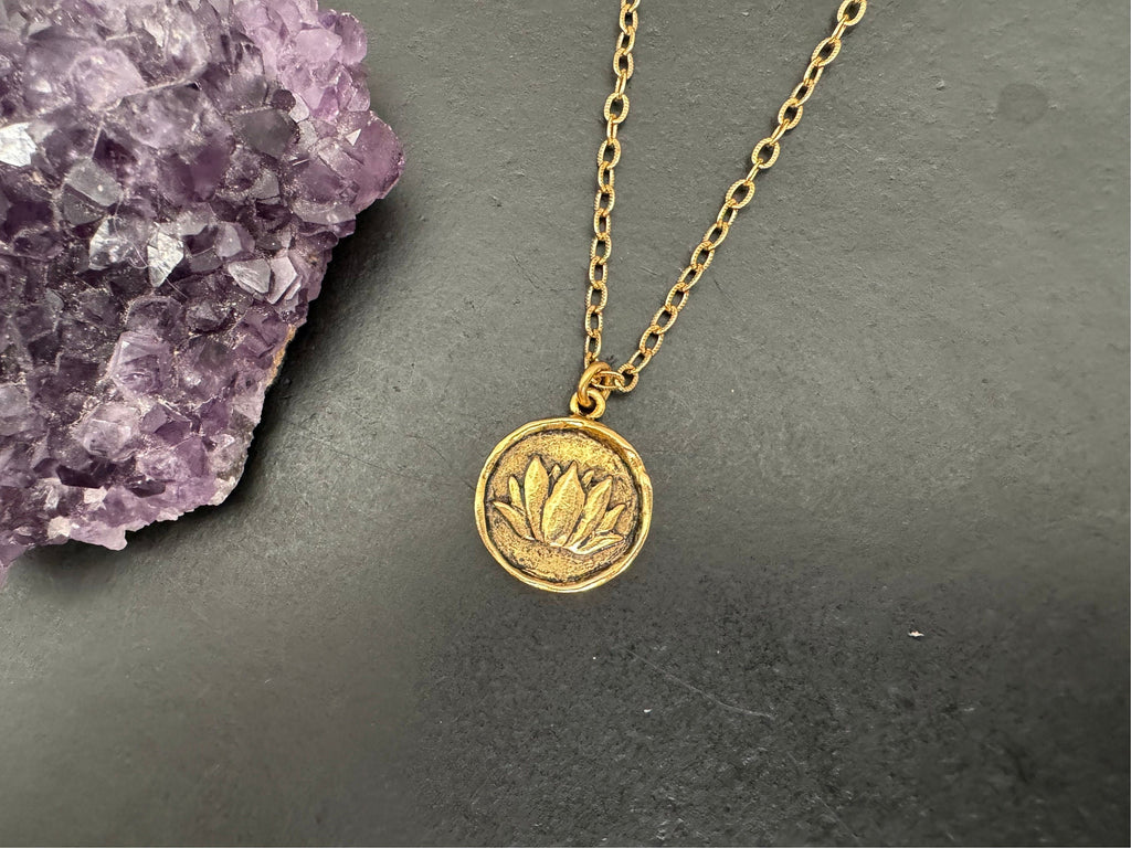Boho jewelry, Antique gold pendant, celestial necklace, lotus charm necklace, star burst necklace, gifts for her, nickel free