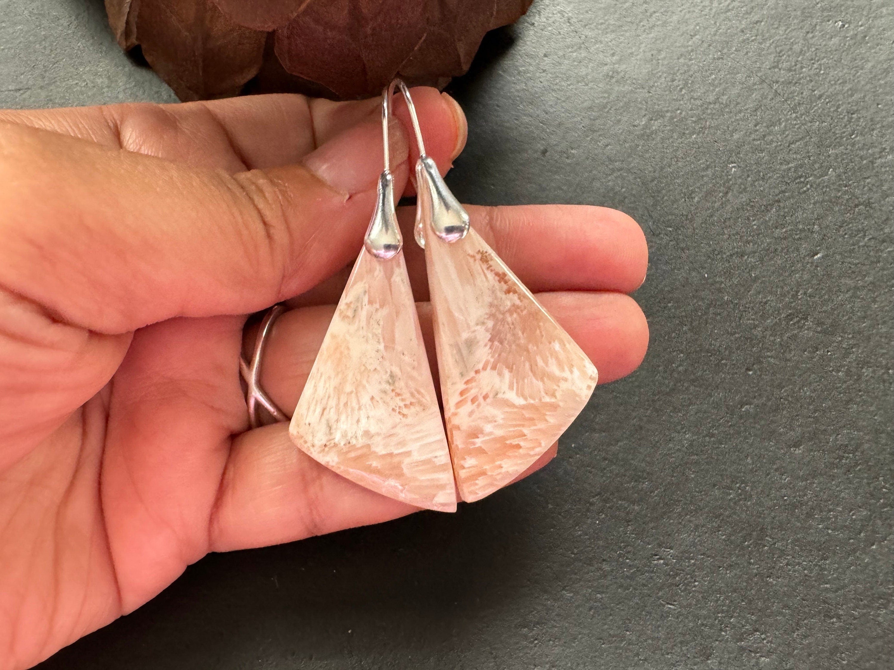Scolecite earrings, sterling silver ear wires,natural stone jewelry, healing stone, salmon pink color earrings, gifts for women