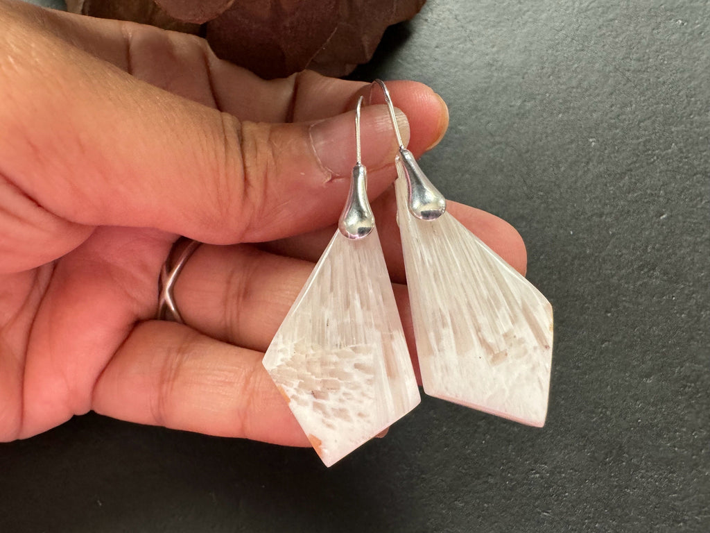Scolecite earrings, sterling silver ear wires,natural stone jewelry, healing stone, salmon pink color earrings, gifts for women