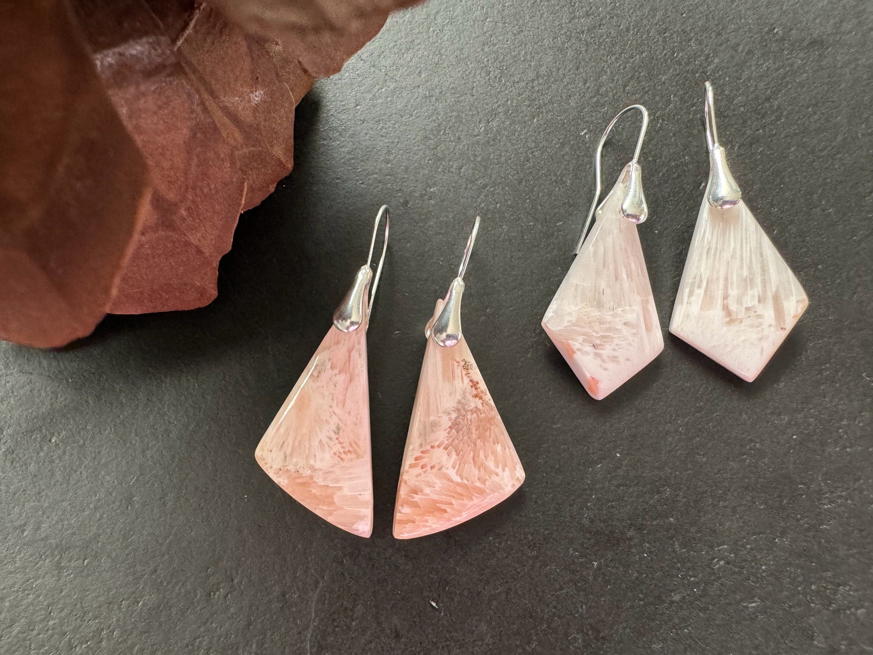 Scolecite earrings, sterling silver ear wires,natural stone jewelry, healing stone, salmon pink color earrings, gifts for women