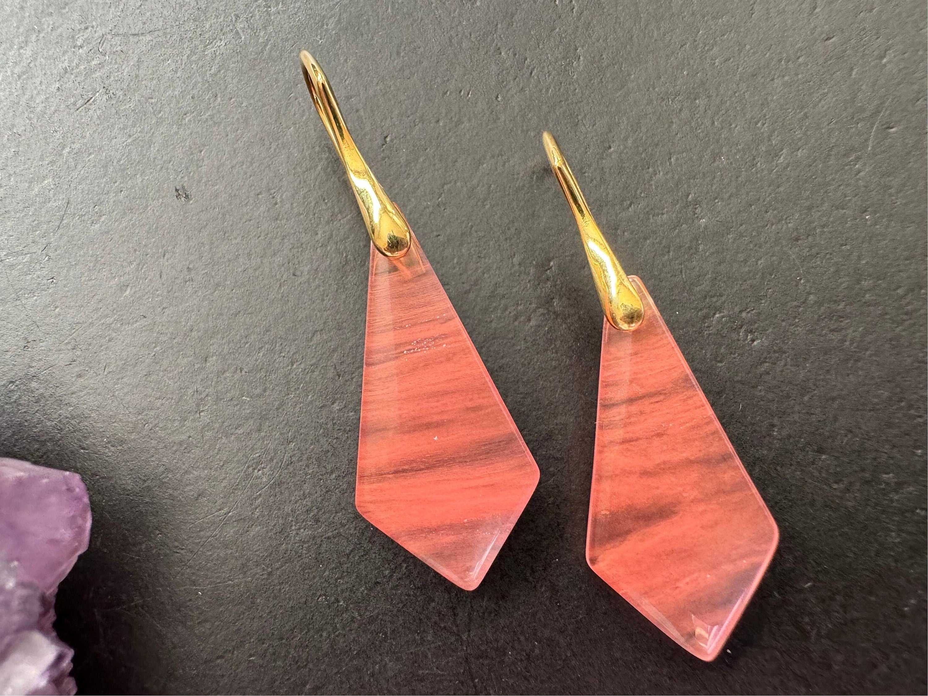 Cherry quartz earrings / gold plated 925 sterling silver ear wires/ natural stone jewelry / gifts for women/ conical shape