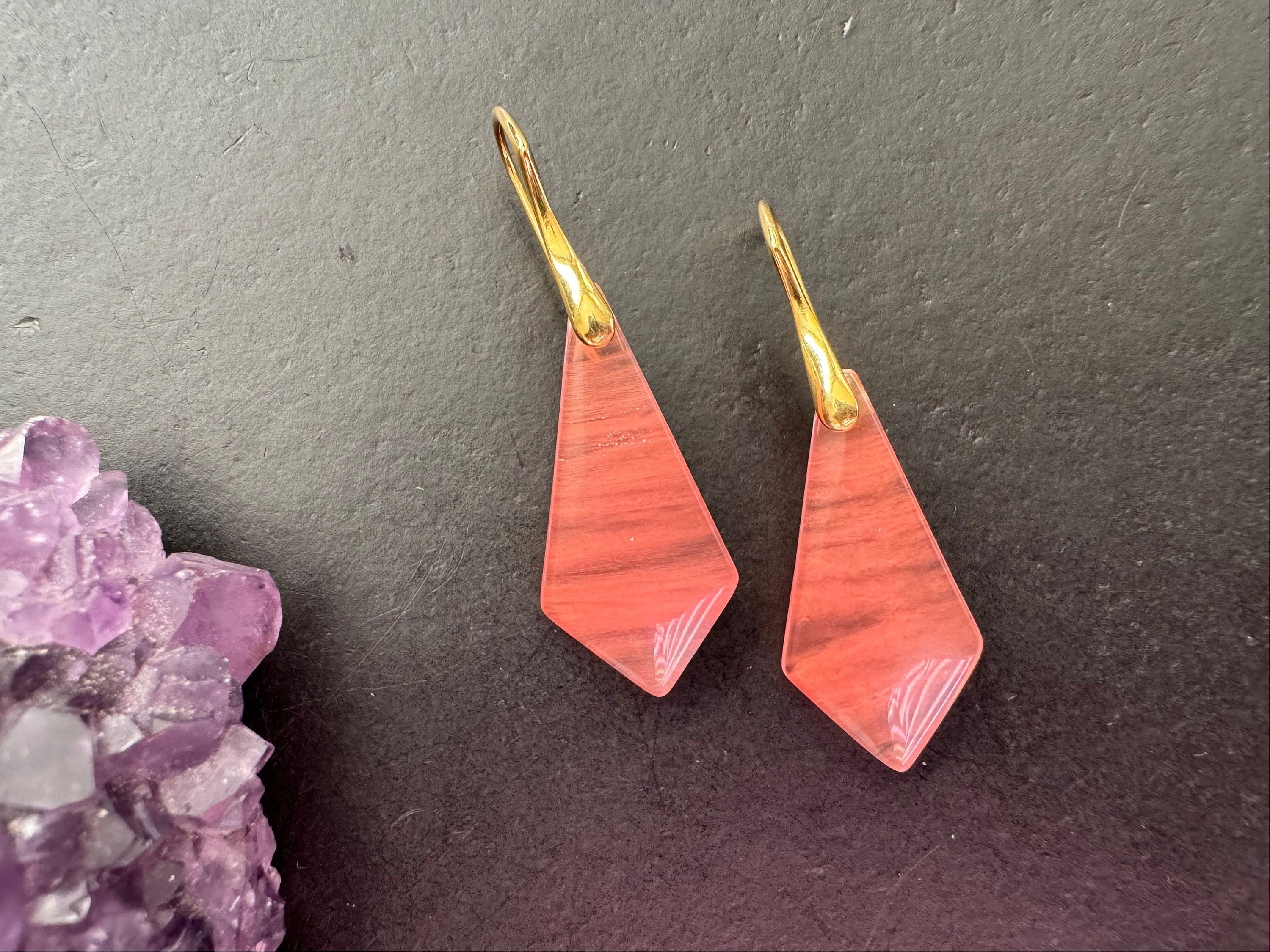 Cherry quartz earrings / gold plated 925 sterling silver ear wires/ natural stone jewelry / gifts for women/ conical shape