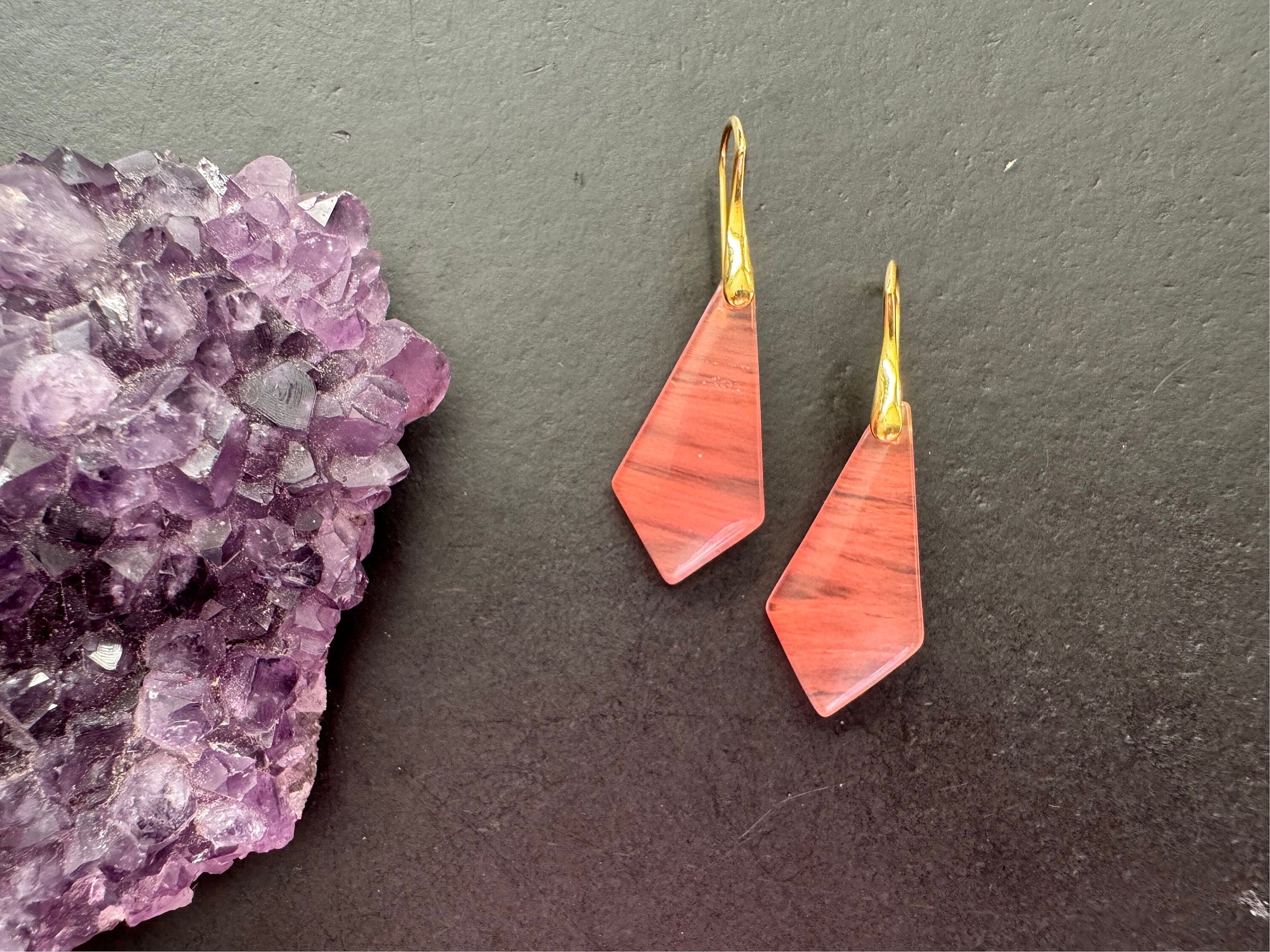 Cherry quartz earrings / gold plated 925 sterling silver ear wires/ natural stone jewelry / gifts for women/ conical shape