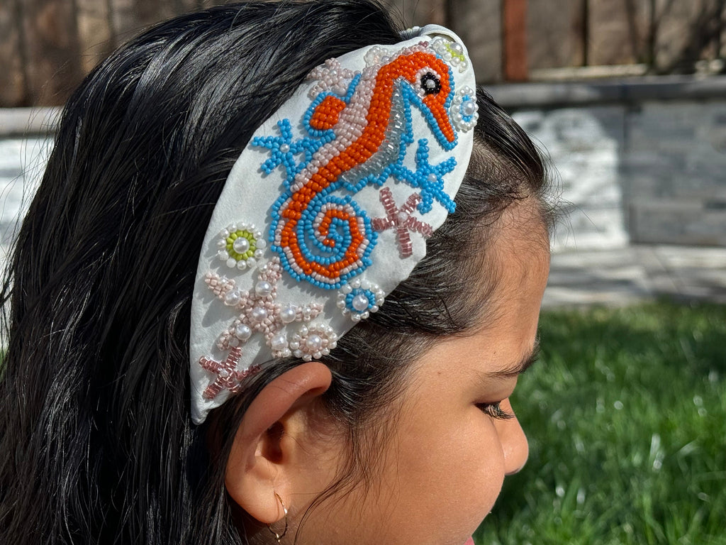 Seahorse Beaded Knot Headband, Handmade Knot Headband, Wide Knot Headband, Embellished Knot Headband, Seed Bead Headband, gifts for her