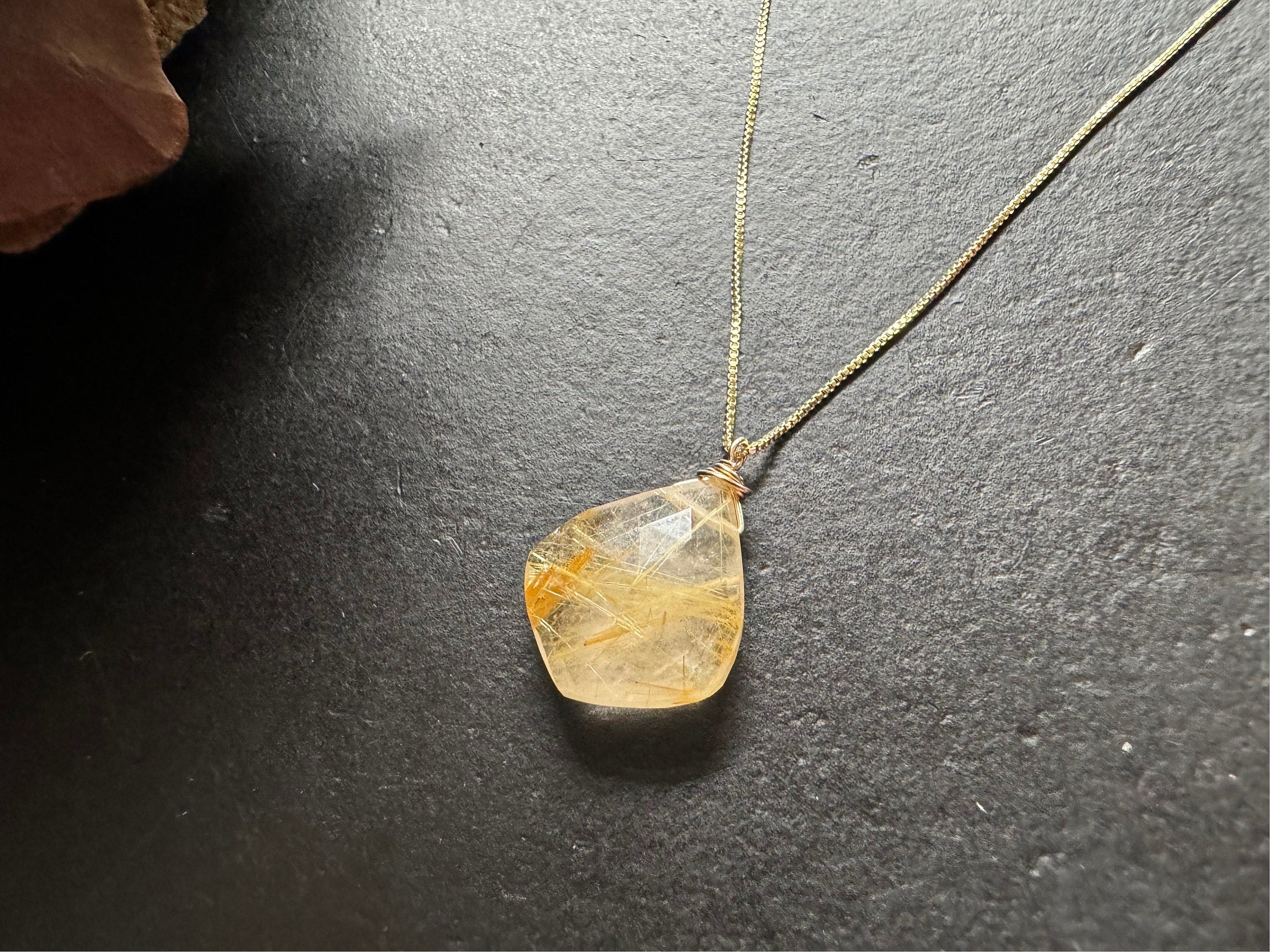 Golden rutilated quartz pendant , gifts for her, layering necklace, 14k gold chain, anti tarnish chain, natural stone pendant