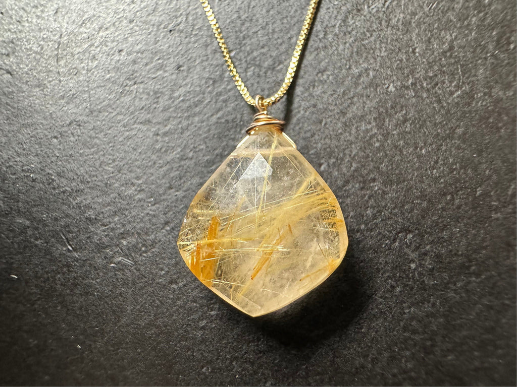 Golden rutilated quartz pendant , gifts for her, layering necklace, 14k gold chain, anti tarnish chain, natural stone pendant