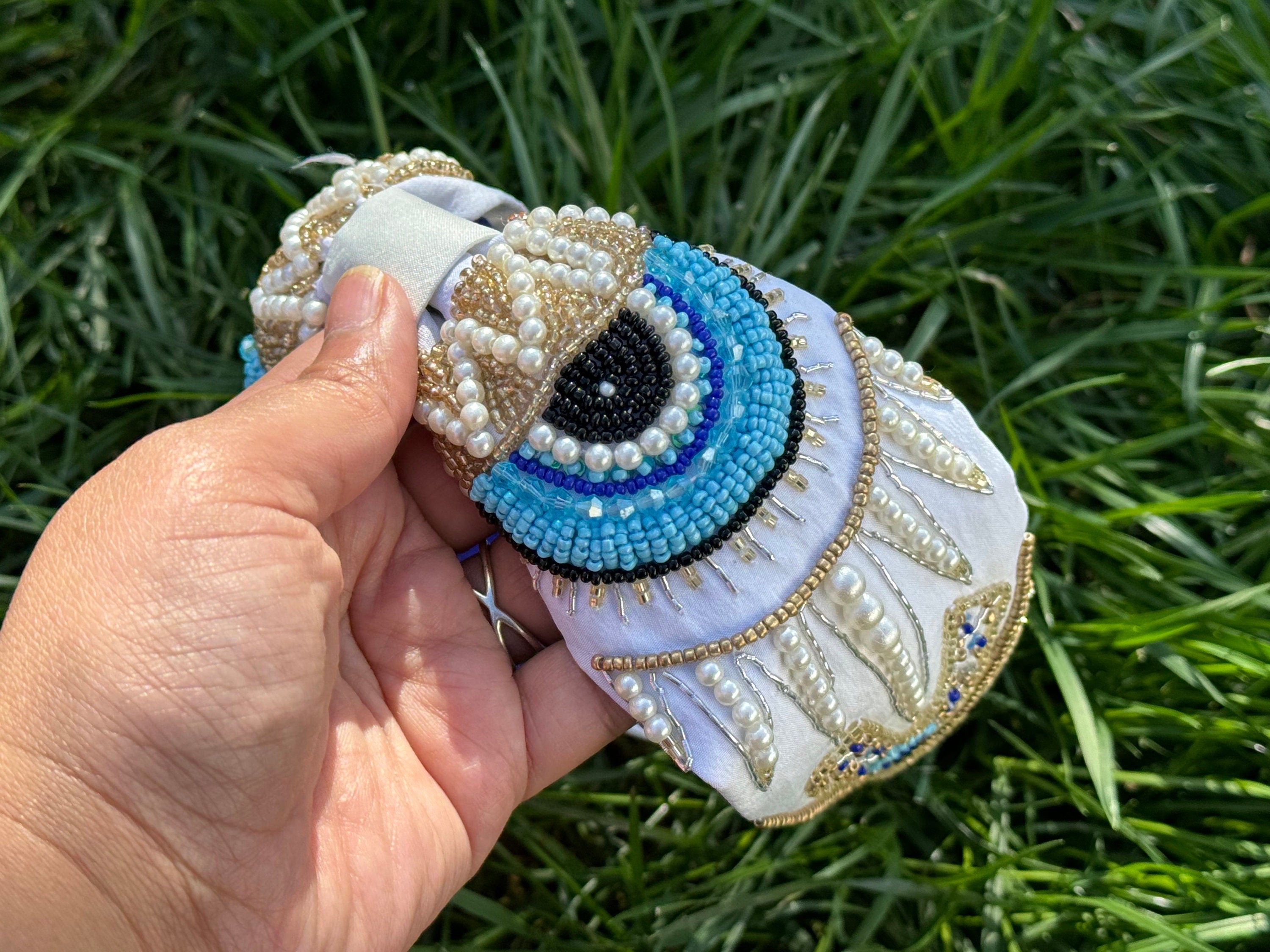Evil Eye Headband, Handmade Knot Headband, Wide Knot Headband, Embellished Knot Headband, Seed Bead Headband, gifts for her, statement