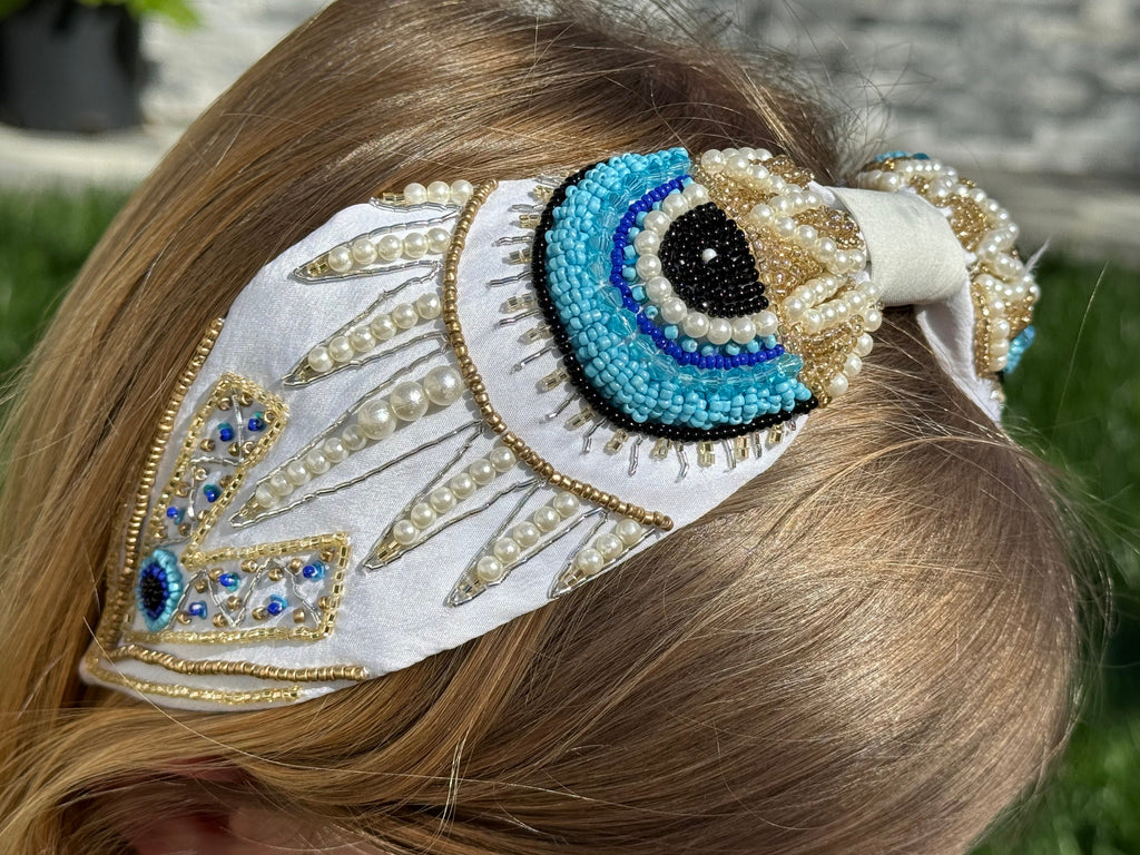 Evil Eye Headband, Handmade Knot Headband, Wide Knot Headband, Embellished Knot Headband, Seed Bead Headband, gifts for her, statement