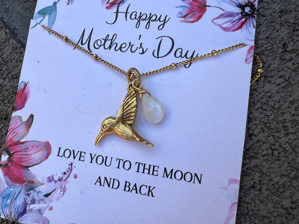 Mothers day jewelry, Antique gold hummingbird pendant, moonstone charm necklace, love and peace necklace, boho necklace, gifts for her