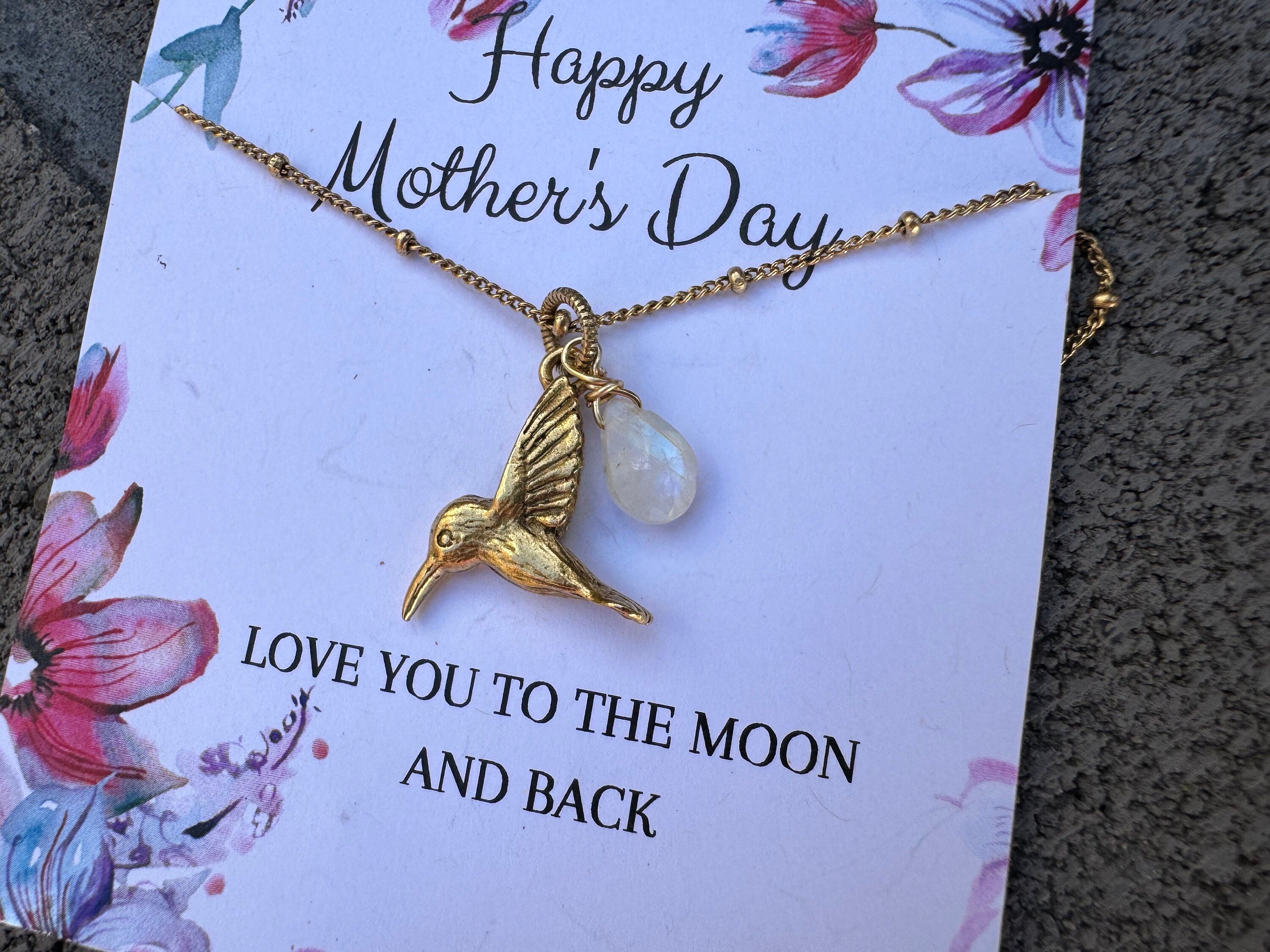Mothers day jewelry, Antique gold hummingbird pendant, moonstone charm necklace, love and peace necklace, boho necklace, gifts for her