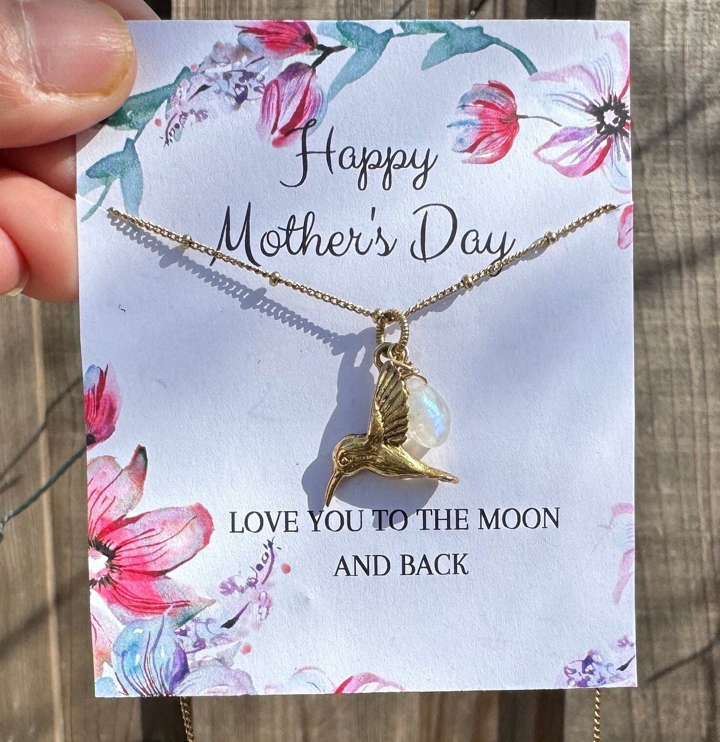 Mothers day jewelry, Antique gold hummingbird pendant, moonstone charm necklace, love and peace necklace, boho necklace, gifts for her