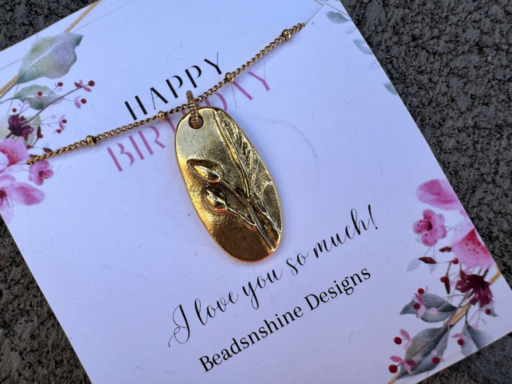 Boho jewelry, Antique gold wildflower pendant, organic oval charm necklace, floral pendant, boho necklace, birthday gift for her