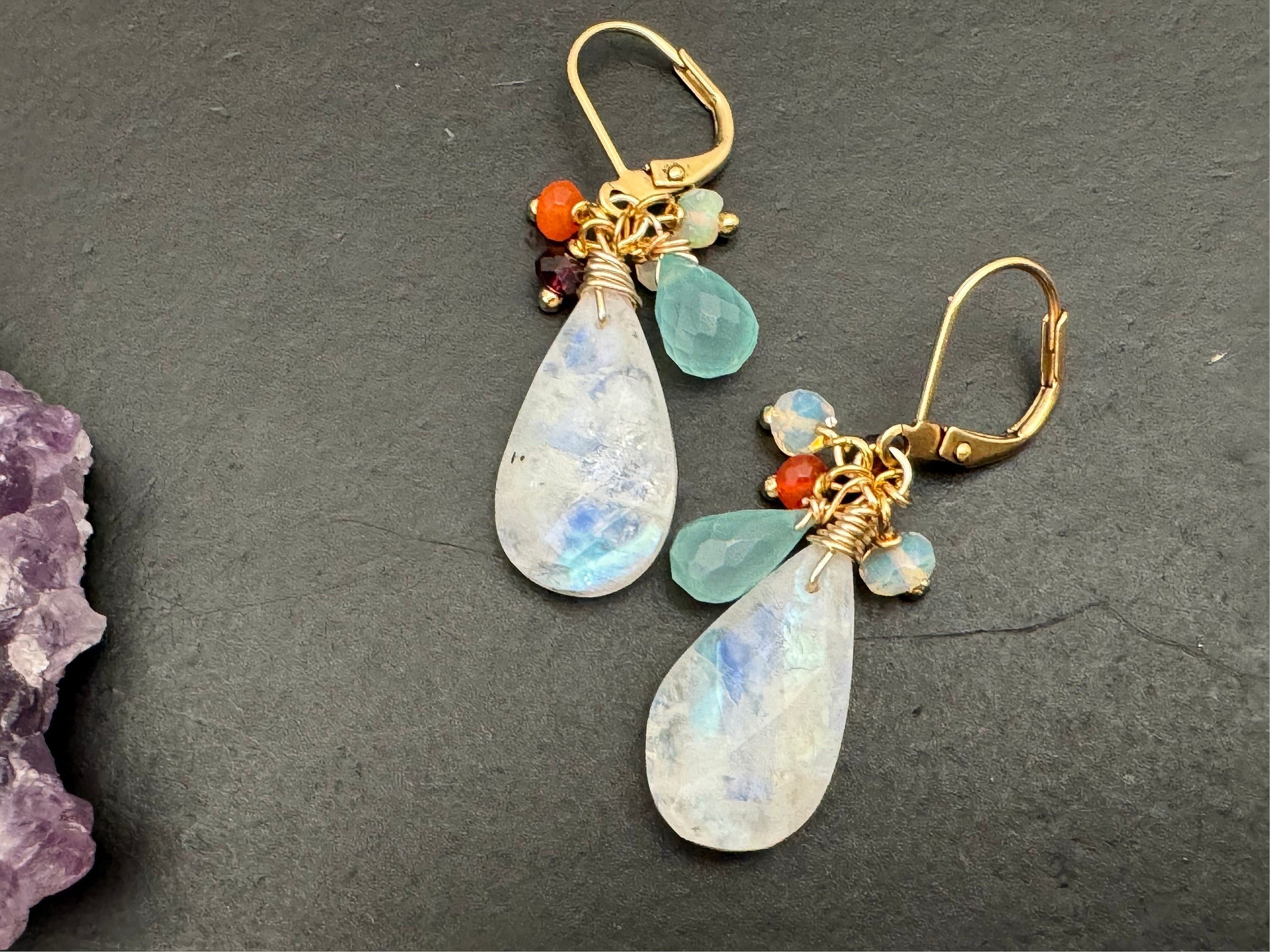 Rainbow Moonstone earrings, opal garnet aqua chalcedony wrapped, gemstone dangles, cluster earrings, moonstone drop earrings, jewelry gift