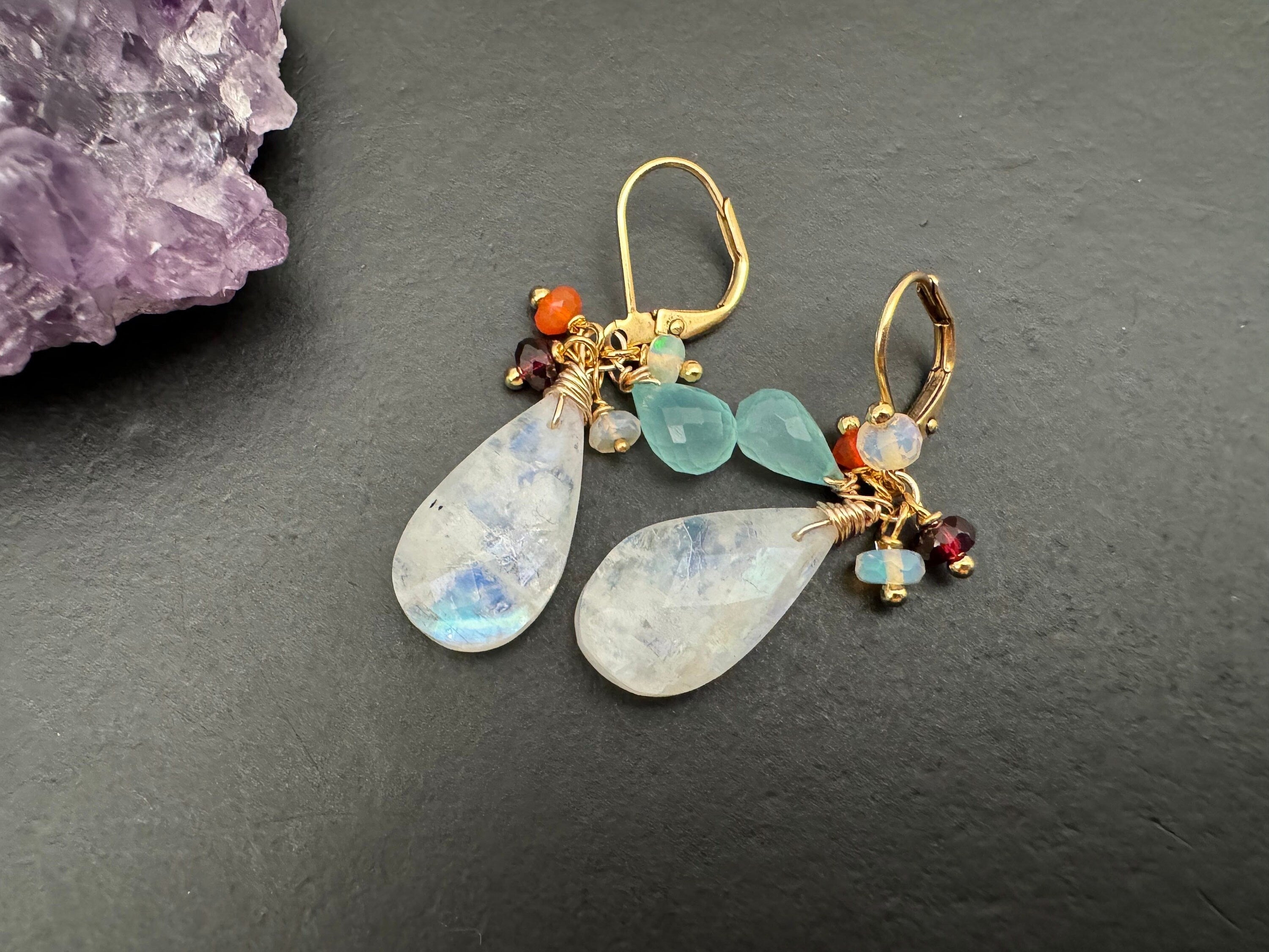 Rainbow Moonstone earrings, opal garnet aqua chalcedony wrapped, gemstone dangles, cluster earrings, moonstone drop earrings, jewelry gift